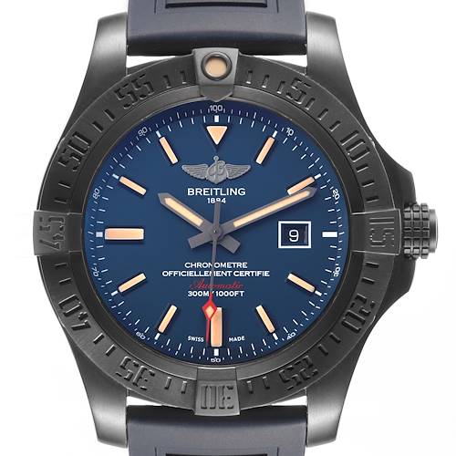 The Breitling Avenger V17310A/CA23 Men's Titanium Blue Dial watch is shown from a front angle, highlighting the dial, bezel, hands, and strap.