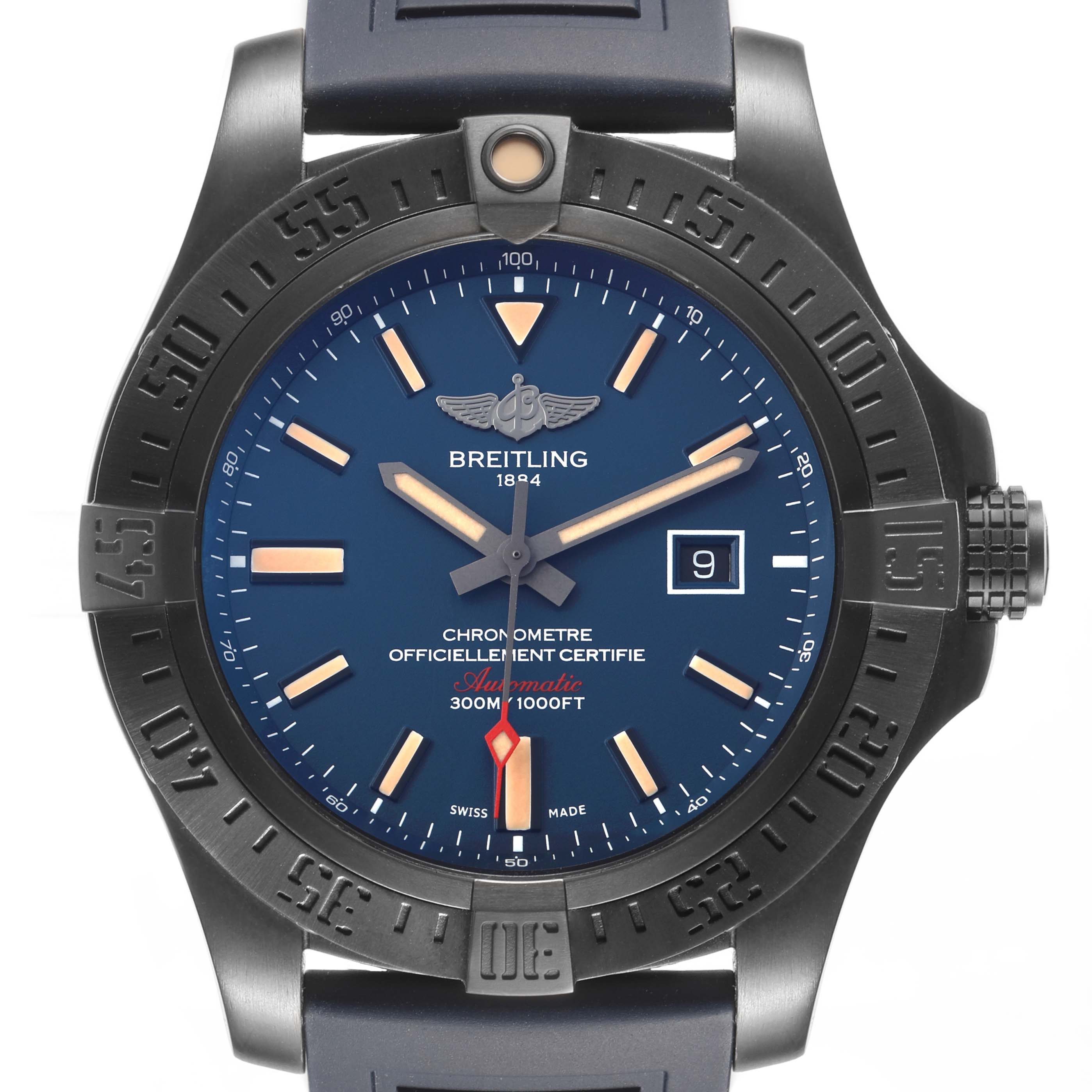 The Breitling Avenger V17310A/CA23 Men's Titanium Blue Dial watch is shown front-facing, displaying its dial, bezel, and crown.