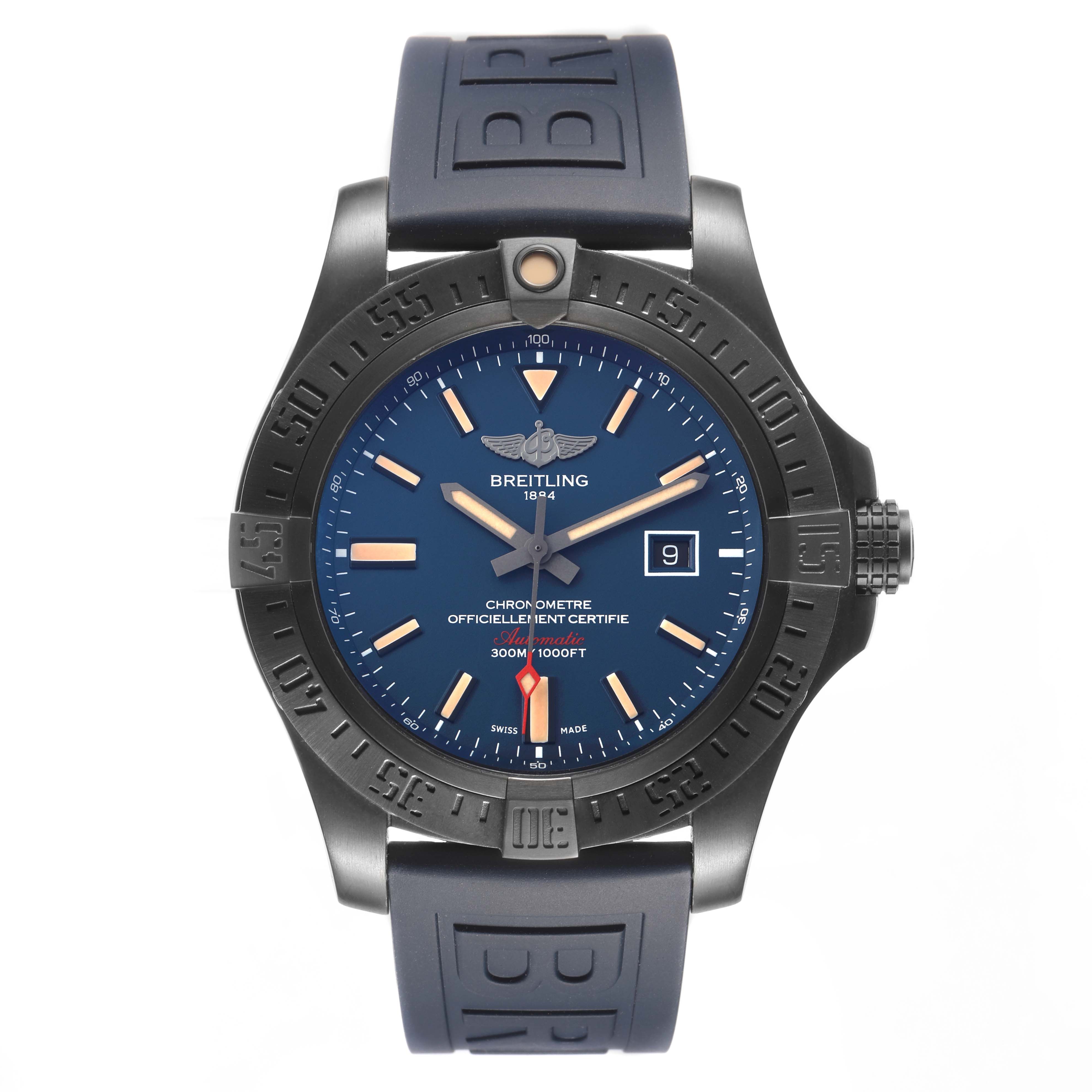 The Breitling Avenger V17310A/CA23 Men's Titanium Blue Dial watch is shown from the front, displaying its face, bezel, crown, and rubber strap.