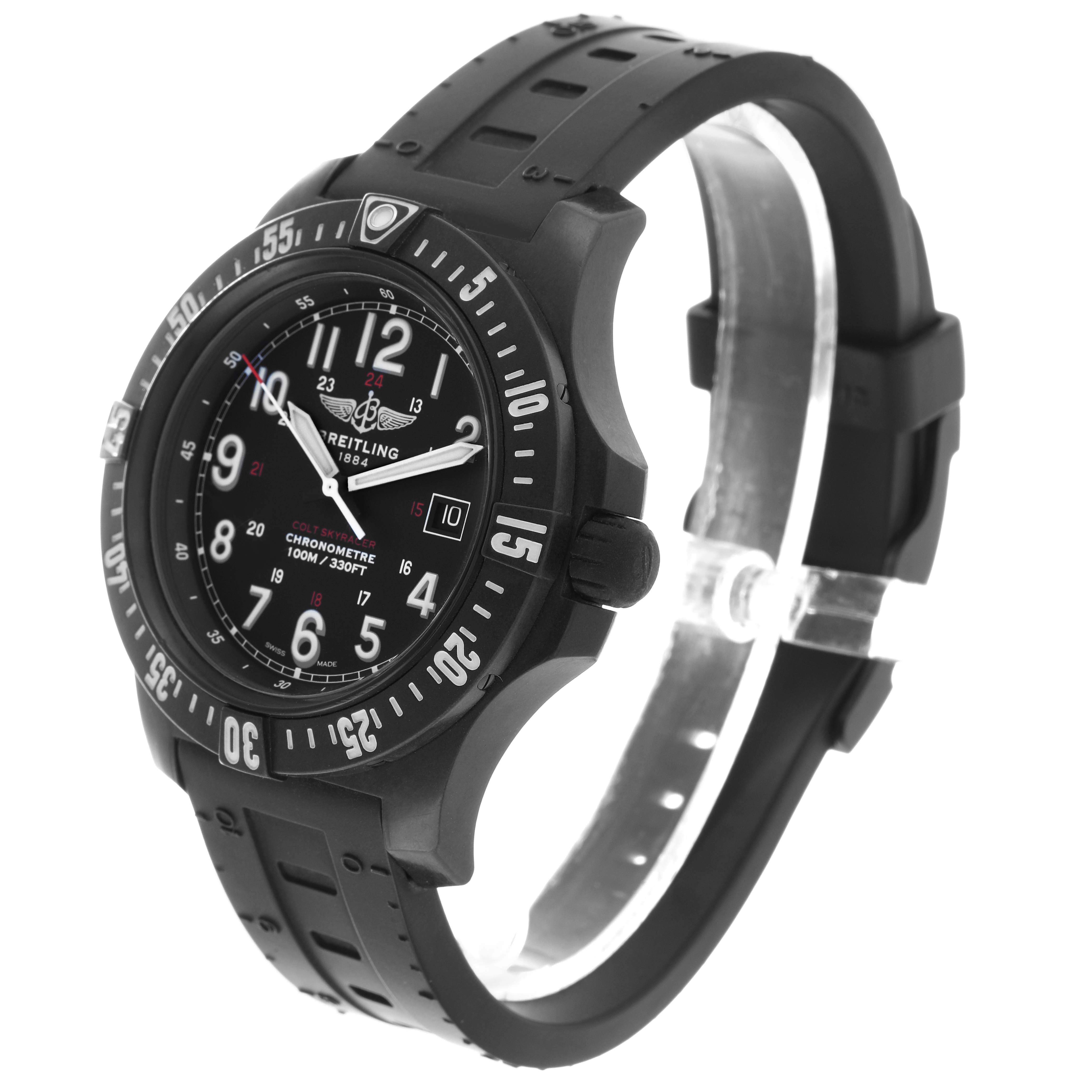 The Breitling Colt X74320E4/BF87 Men's Titanium Black Dial watch is shown at an angled side view, displaying its black round face, bezel, and rubber strap.