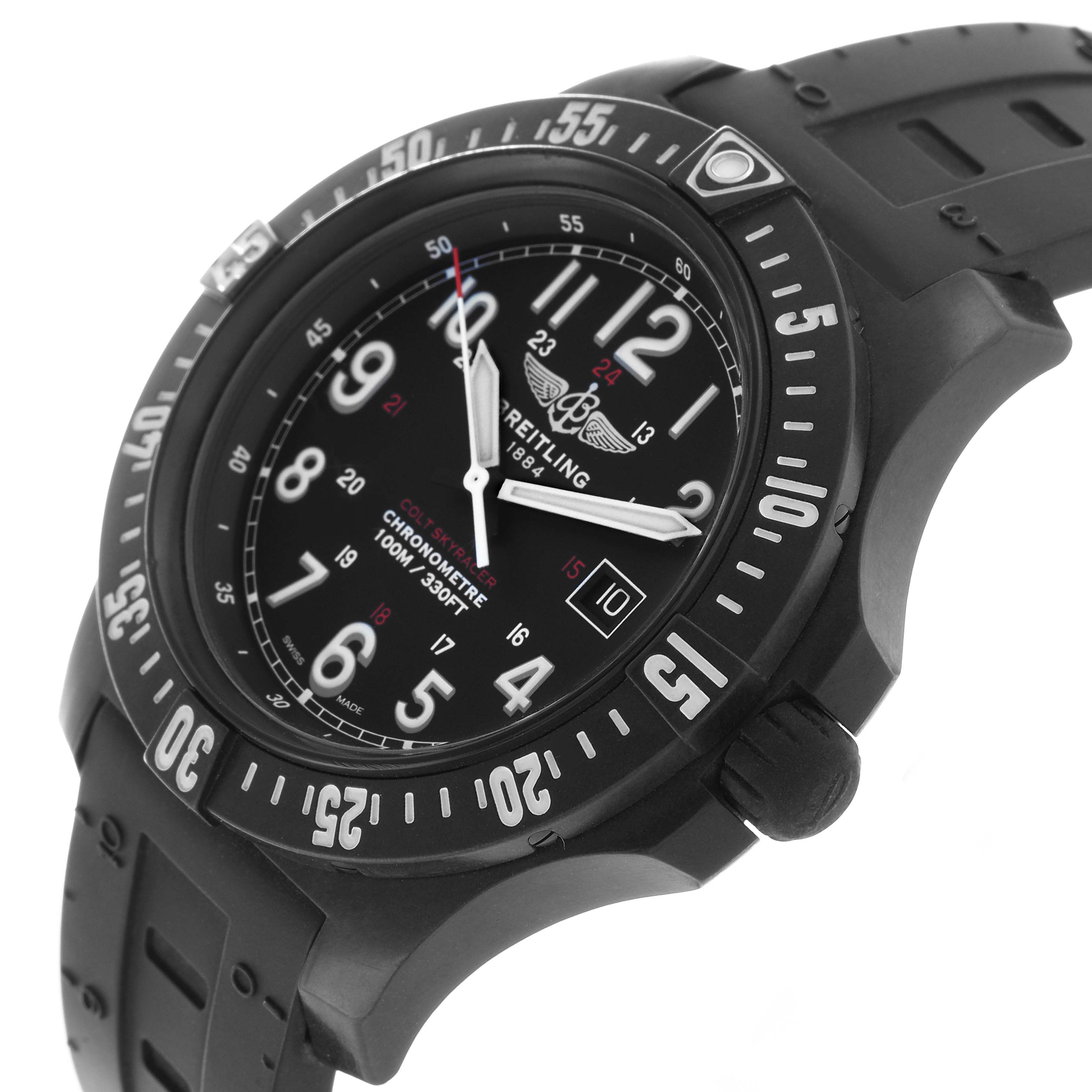 The Breitling Colt X74320E4/BF87 Men's Titanium Black Dial watch is shown at an angled side view, featuring the face, bezel, and part of the strap.