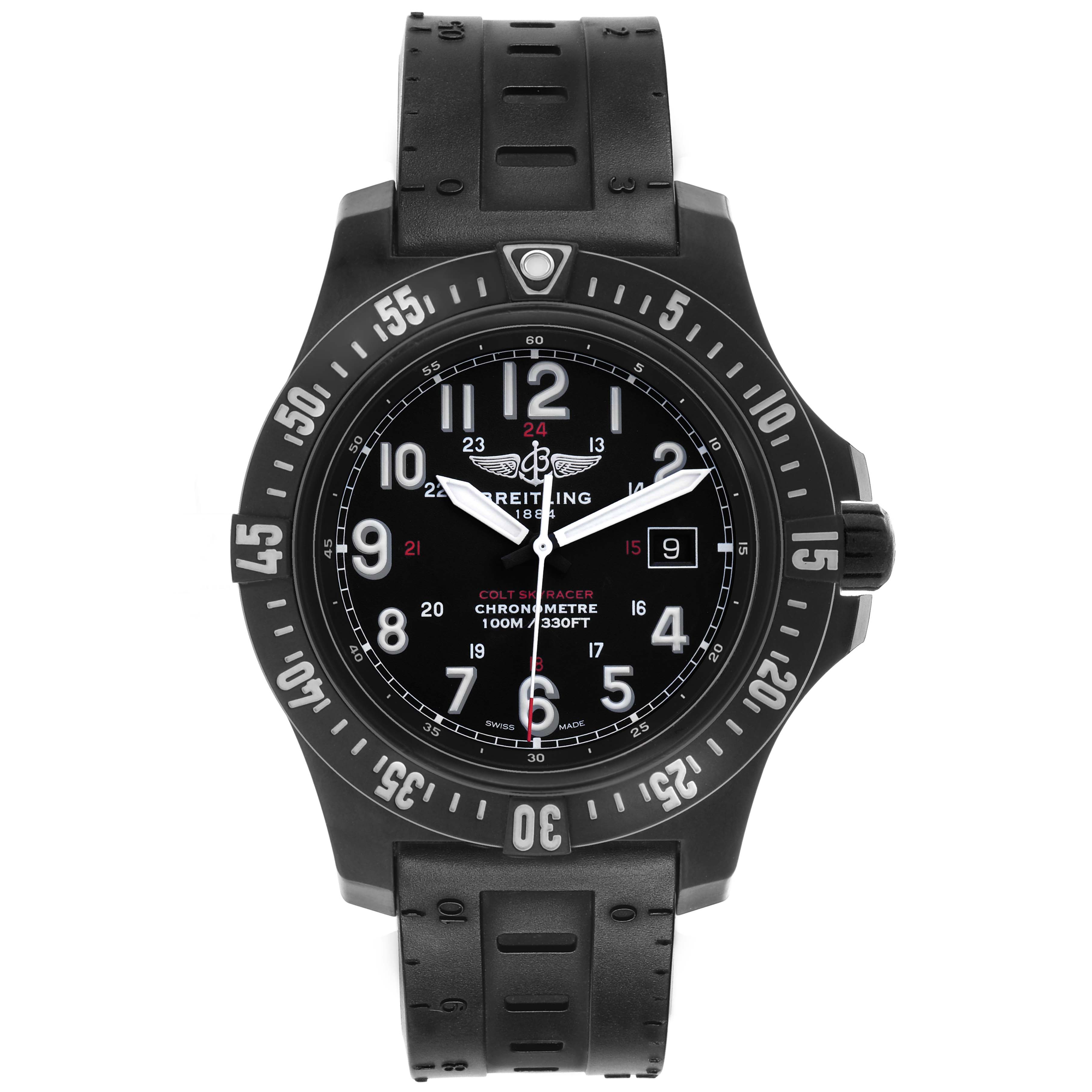 The image shows a front view of the Breitling Colt X74320E4/BF87 Men's Titanium Black Dial watch, highlighting the face, bezel, and strap.