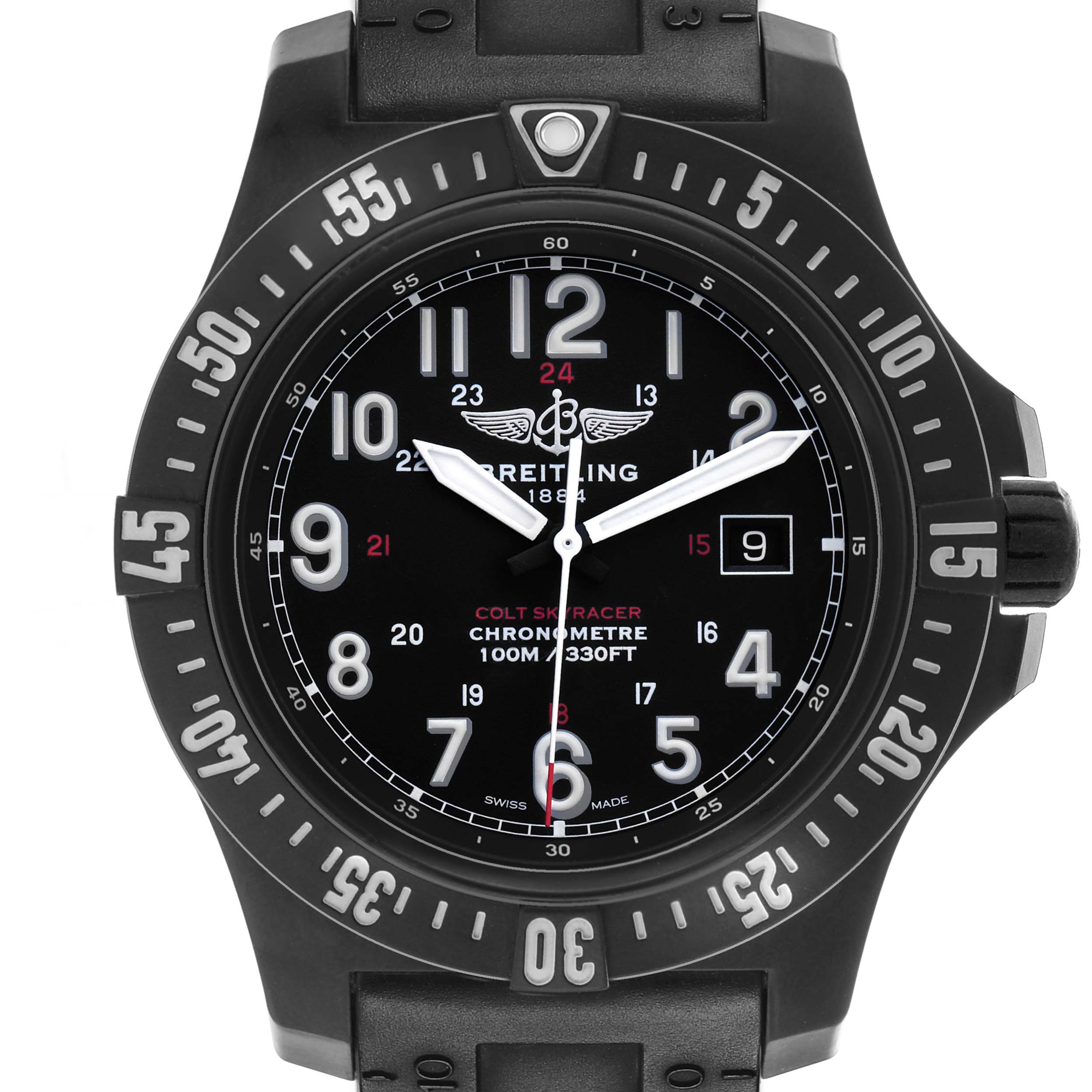 The image shows a front view of the Breitling Colt X74320E4/BF87 Men's Titanium Black Dial watch, highlighting the dial, bezel, and strap part.