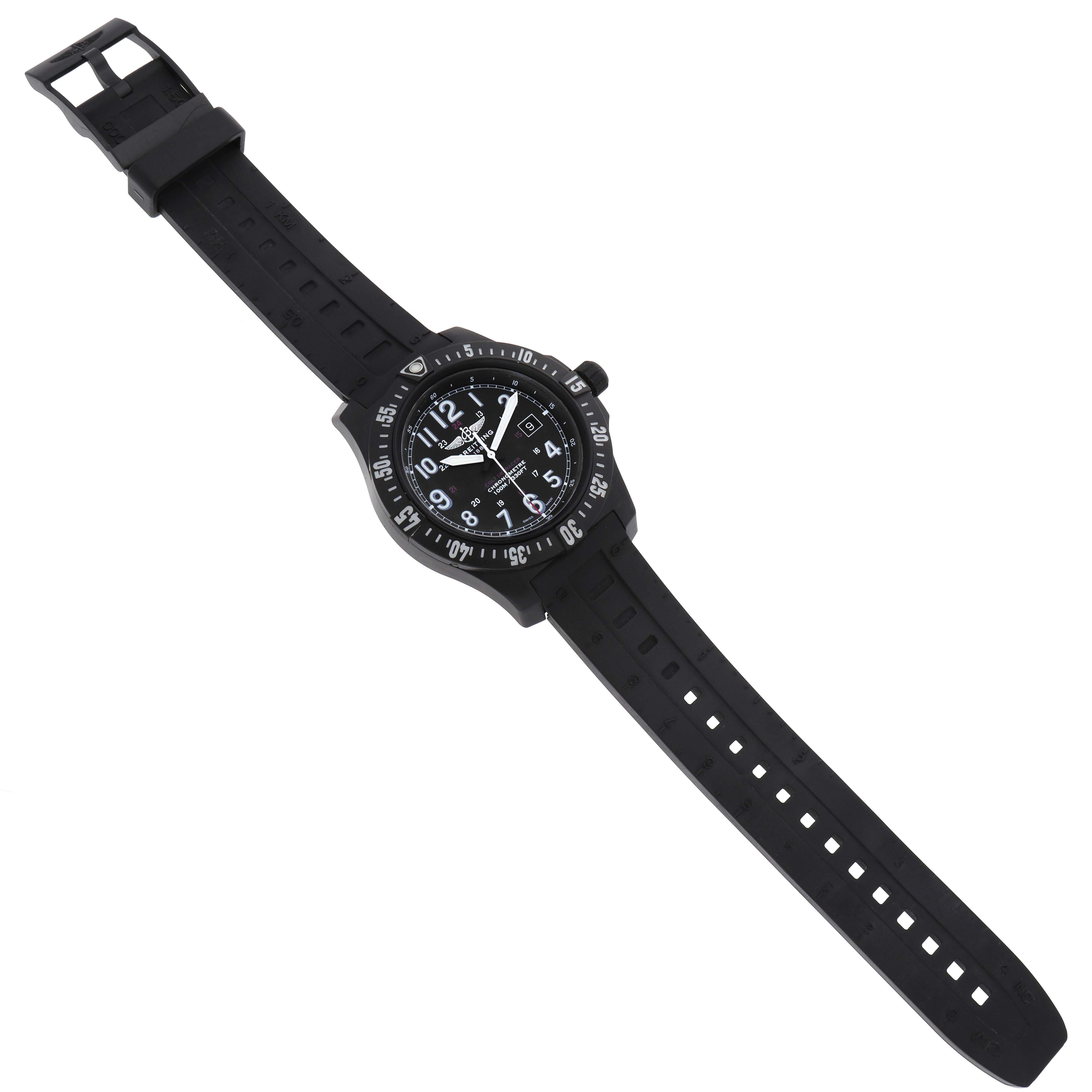 The Breitling Colt X74320E4/BF87 Men's Titanium Black Dial watch is shown from a top-down angle, displaying the face, bezel, strap, and buckle.