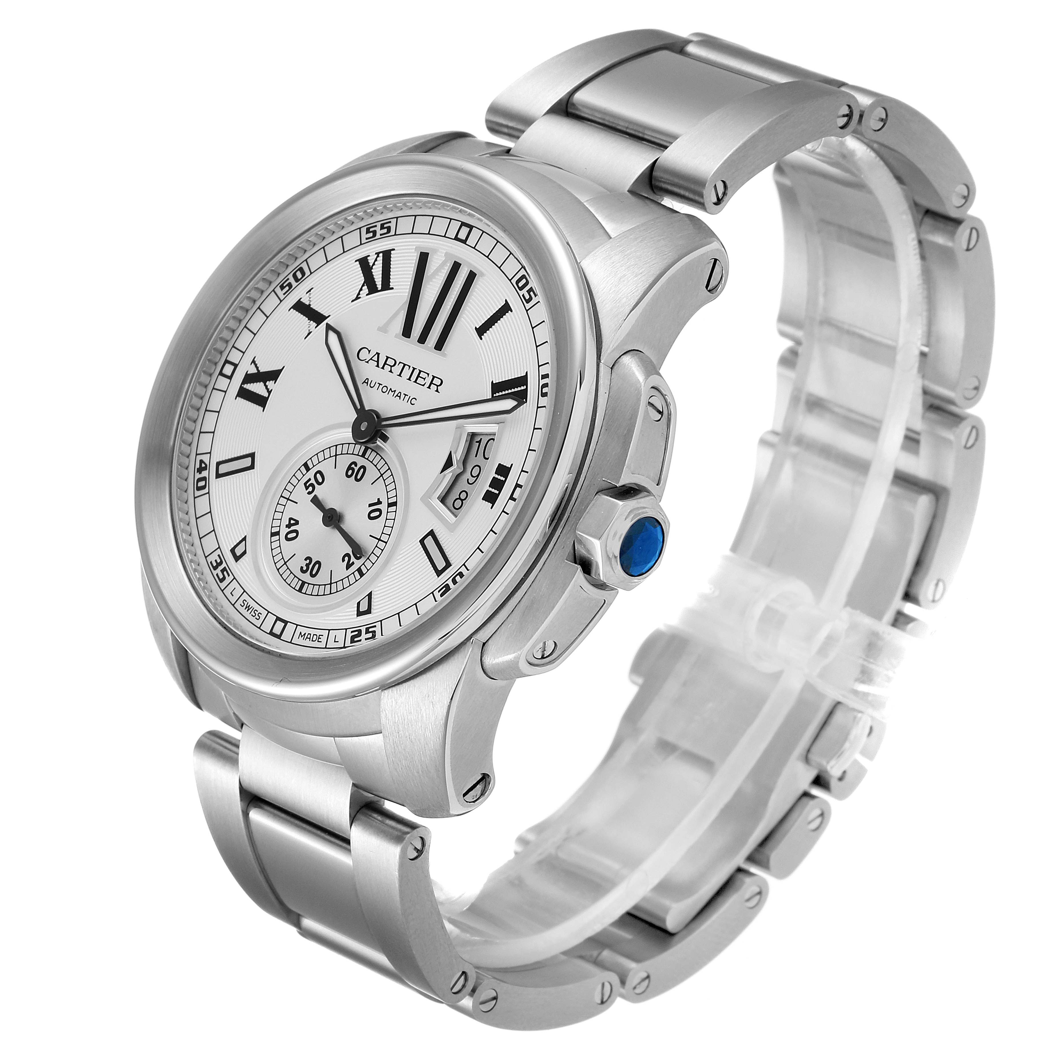 The Calibre de Cartier watch is shown from a front-right angle, displaying its face, crown, and bracelet.