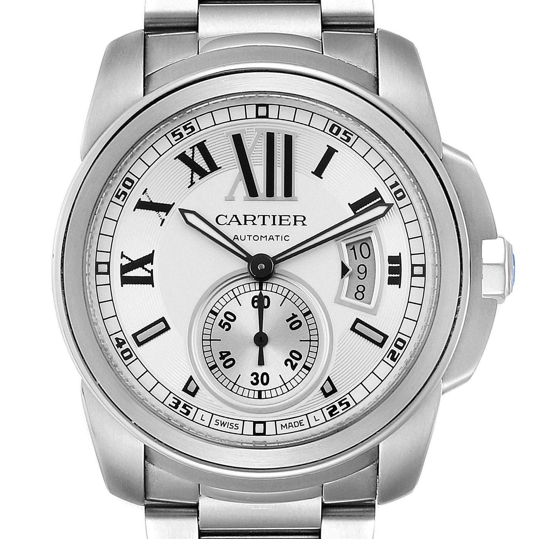 The image shows a front view of the Calibre de Cartier watch by Cartier, highlighting the dial, hands, and bracelet.