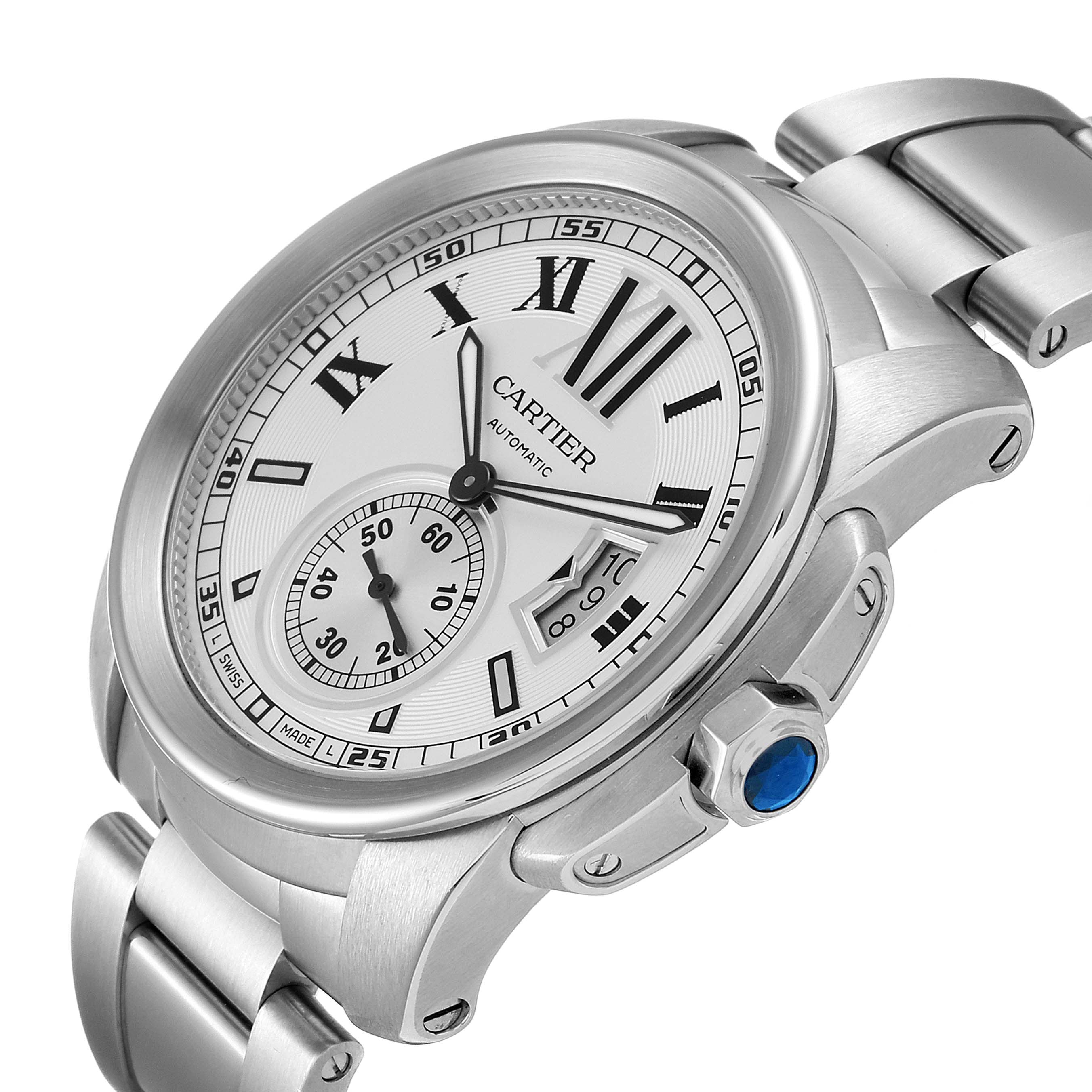 The Calibre de Cartier watch by Cartier is shown at an angled view, highlighting the dial, bezel, bracelet, and crown.