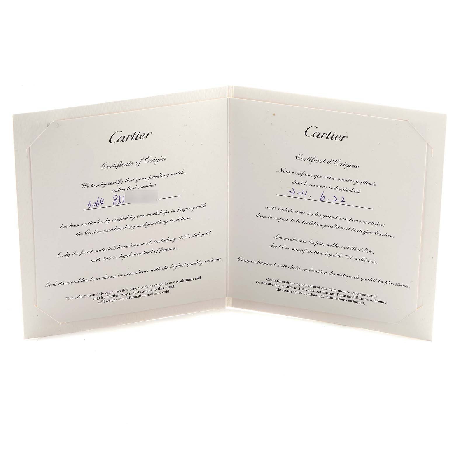 The image shows a Cartier Baignoire WB520004 Women's Rose Gold Silver Dial watch's Certificate of Origin, opened to display both English and French text.