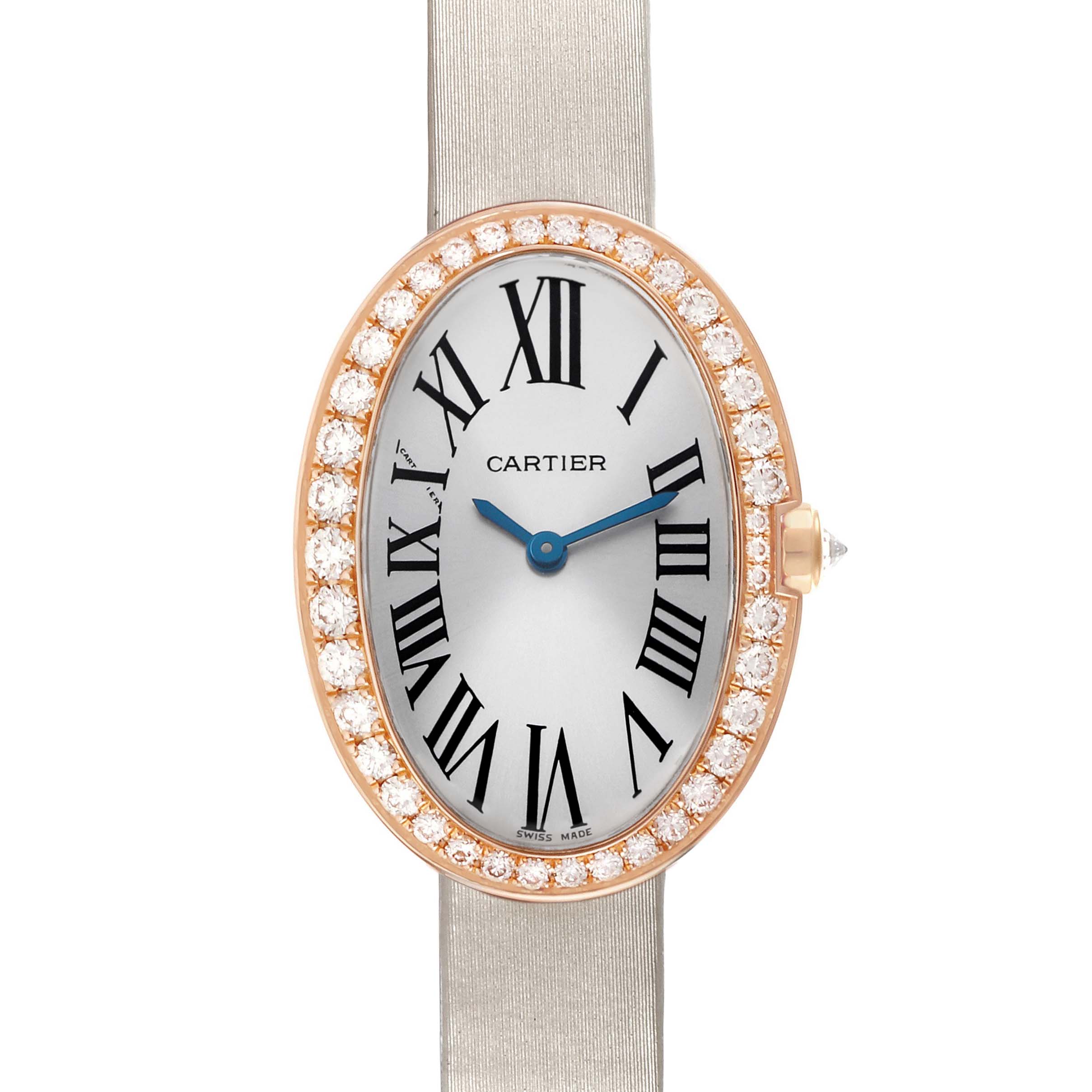 The Cartier Baignoire WB520004 Women's Rose Gold Silver Dial watch is shown from the front, highlighting its oval face, diamond bezel, and Roman numerals.