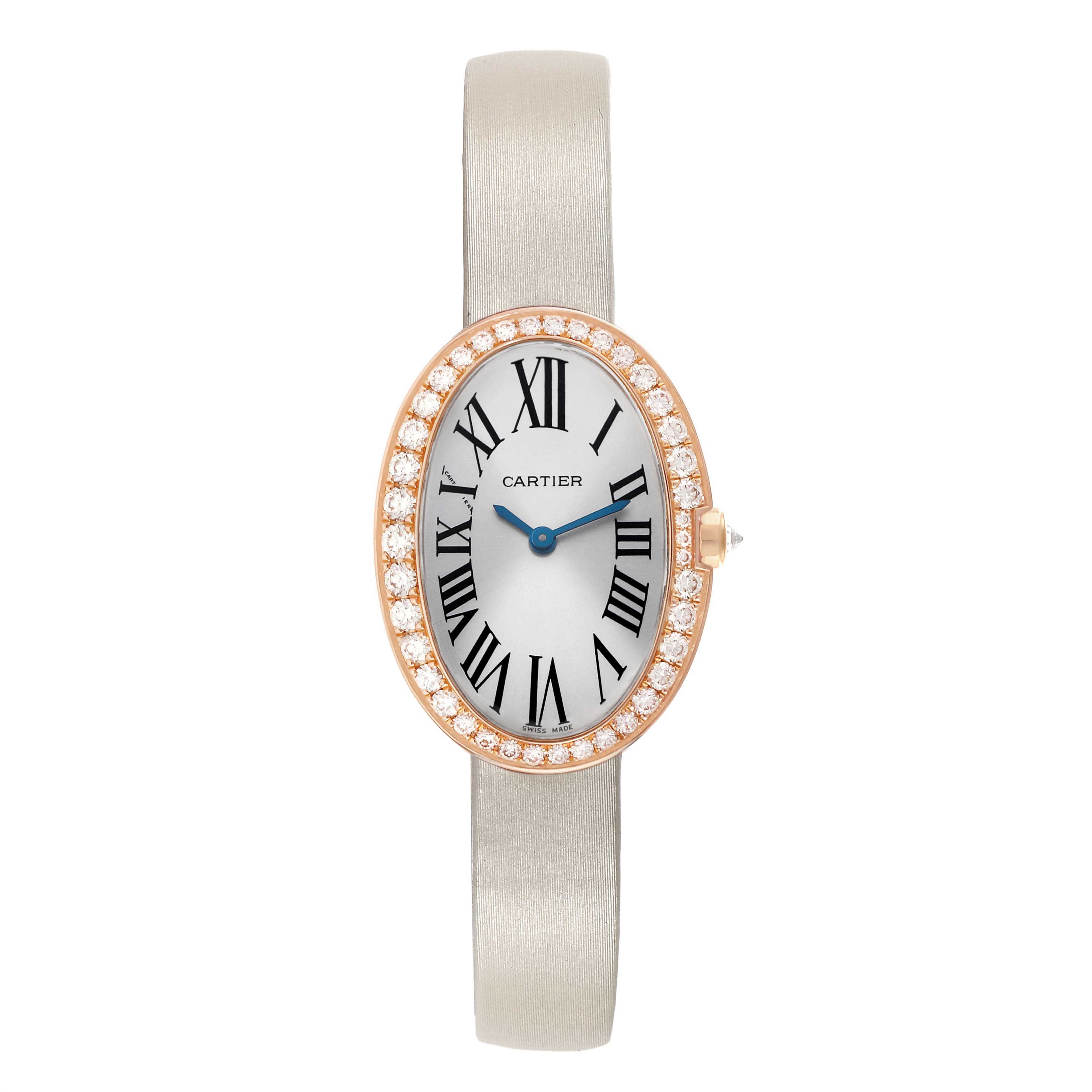 The Cartier Baignoire WB520004 Women's Rose Gold Silver Dial watch is shown from the front, displaying its dial, diamond bezel, and strap.