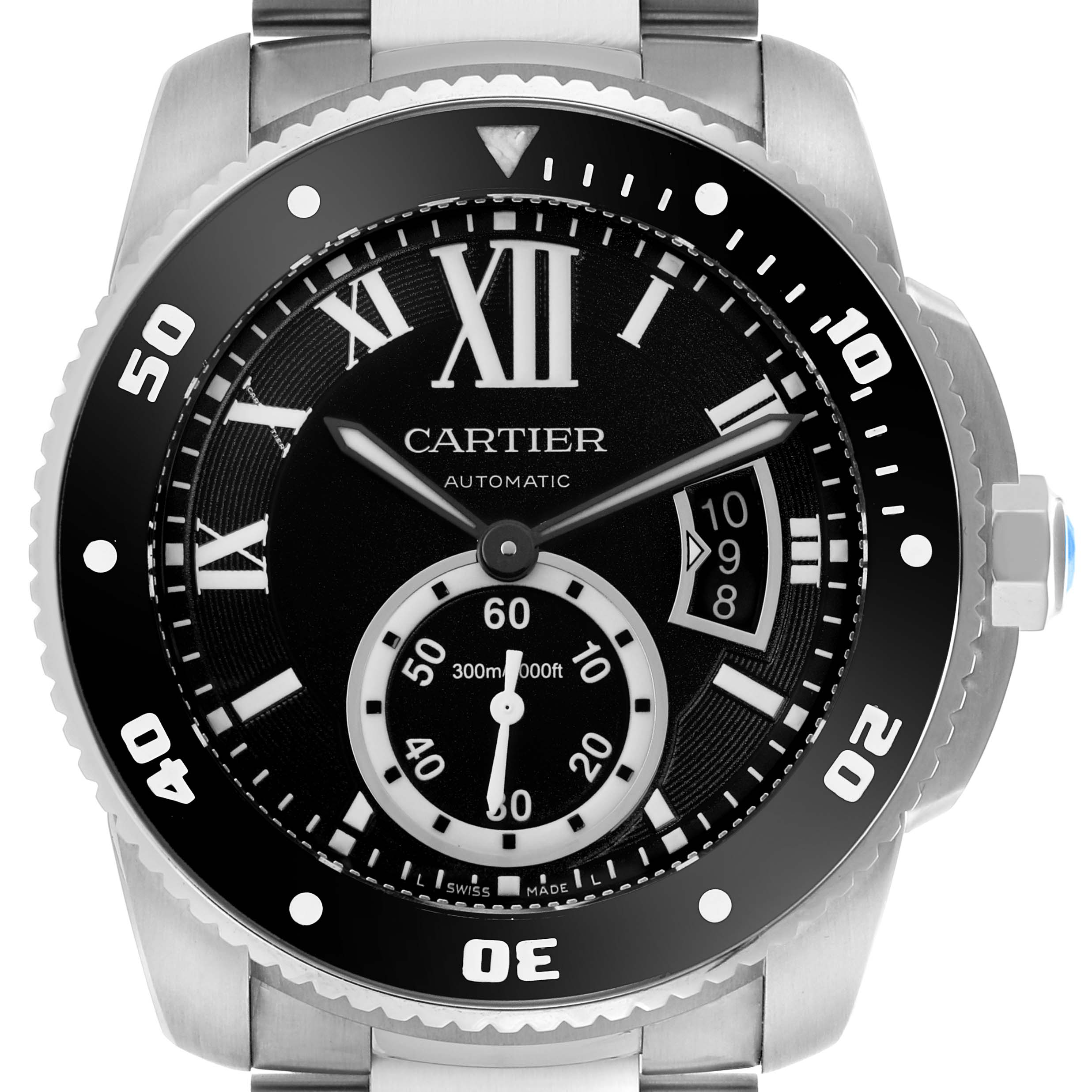 The Calibre de Cartier watch is shown from the front, highlighting its dial, bezel, and crown.