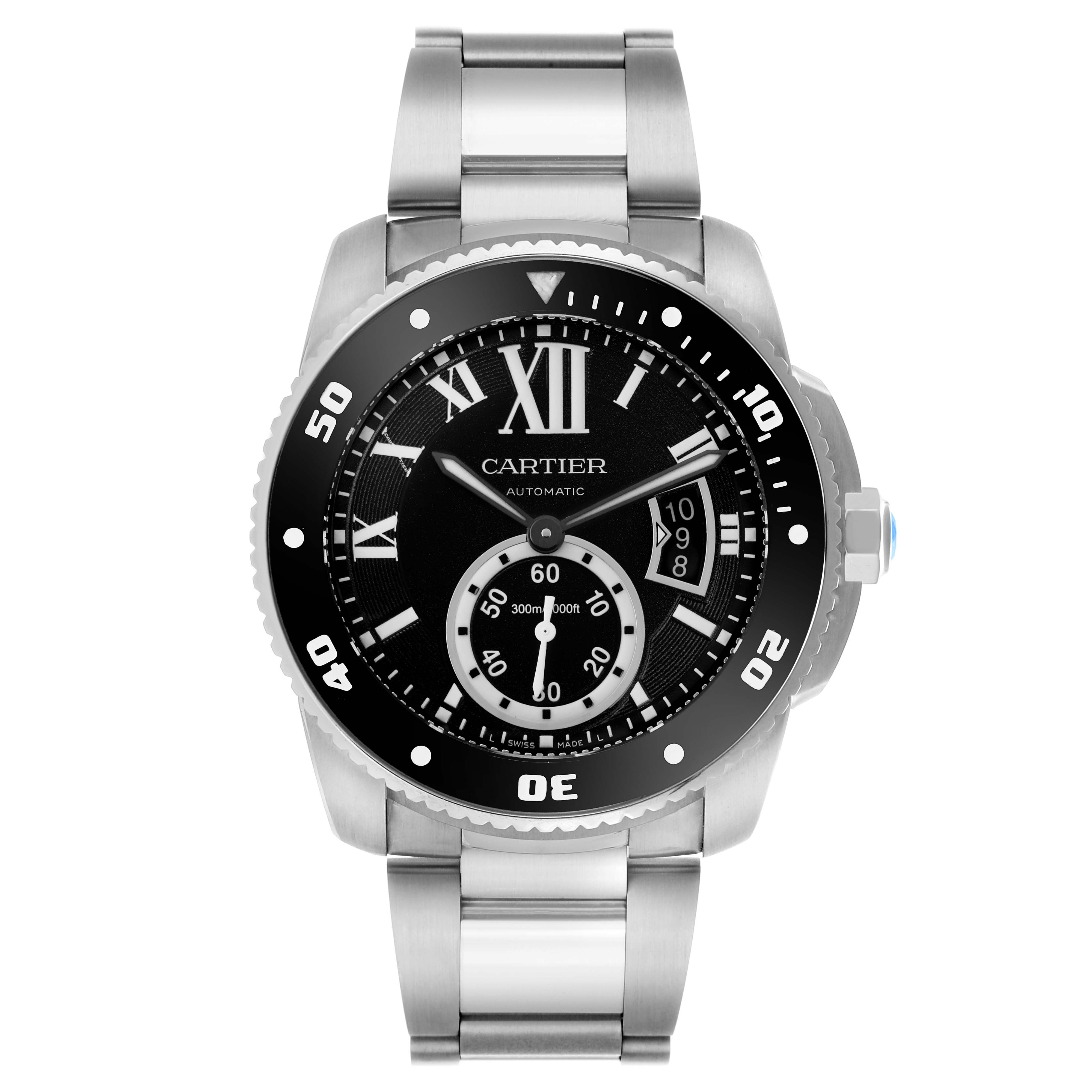 The Calibre de Cartier watch is shown from a front angle, highlighting the face, bezel, bracelet, and crown.