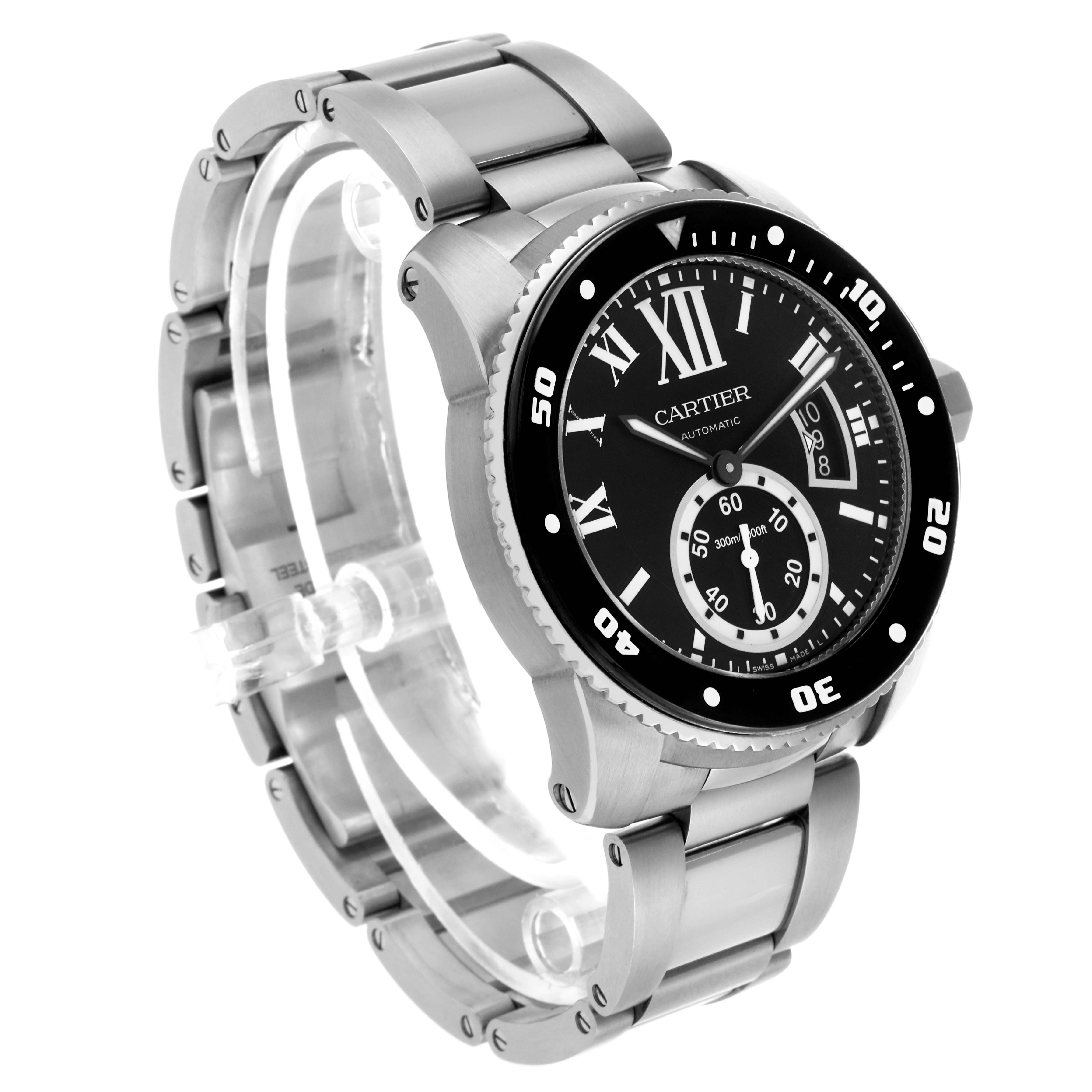 The Calibre de Cartier watch is shown at a three-quarter angle, displaying the dial, bezel, crown, and bracelet.