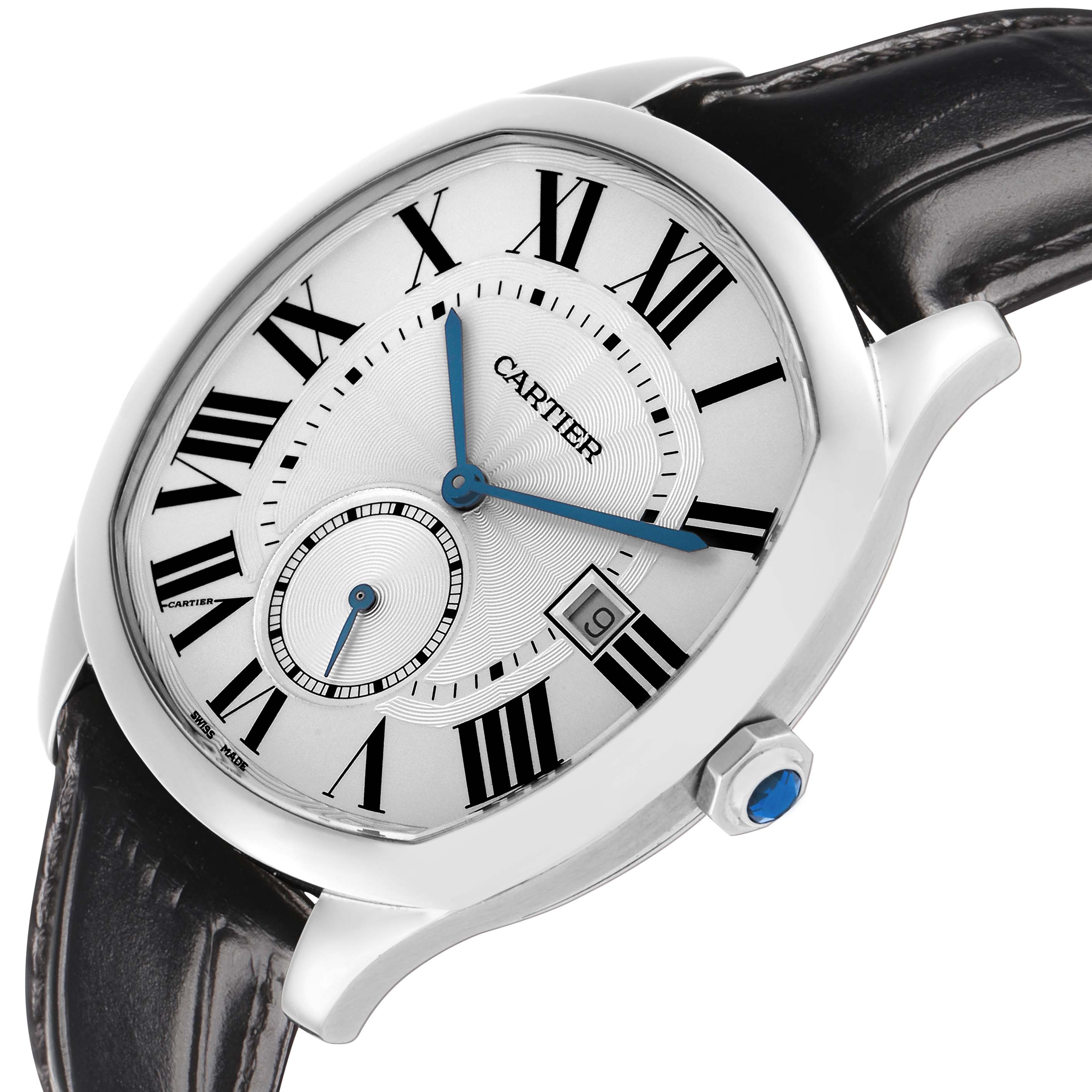 The Drive de Cartier watch is shown from a tilted angle, highlighting the face, Roman numerals, blue hands, date window, and leather strap.