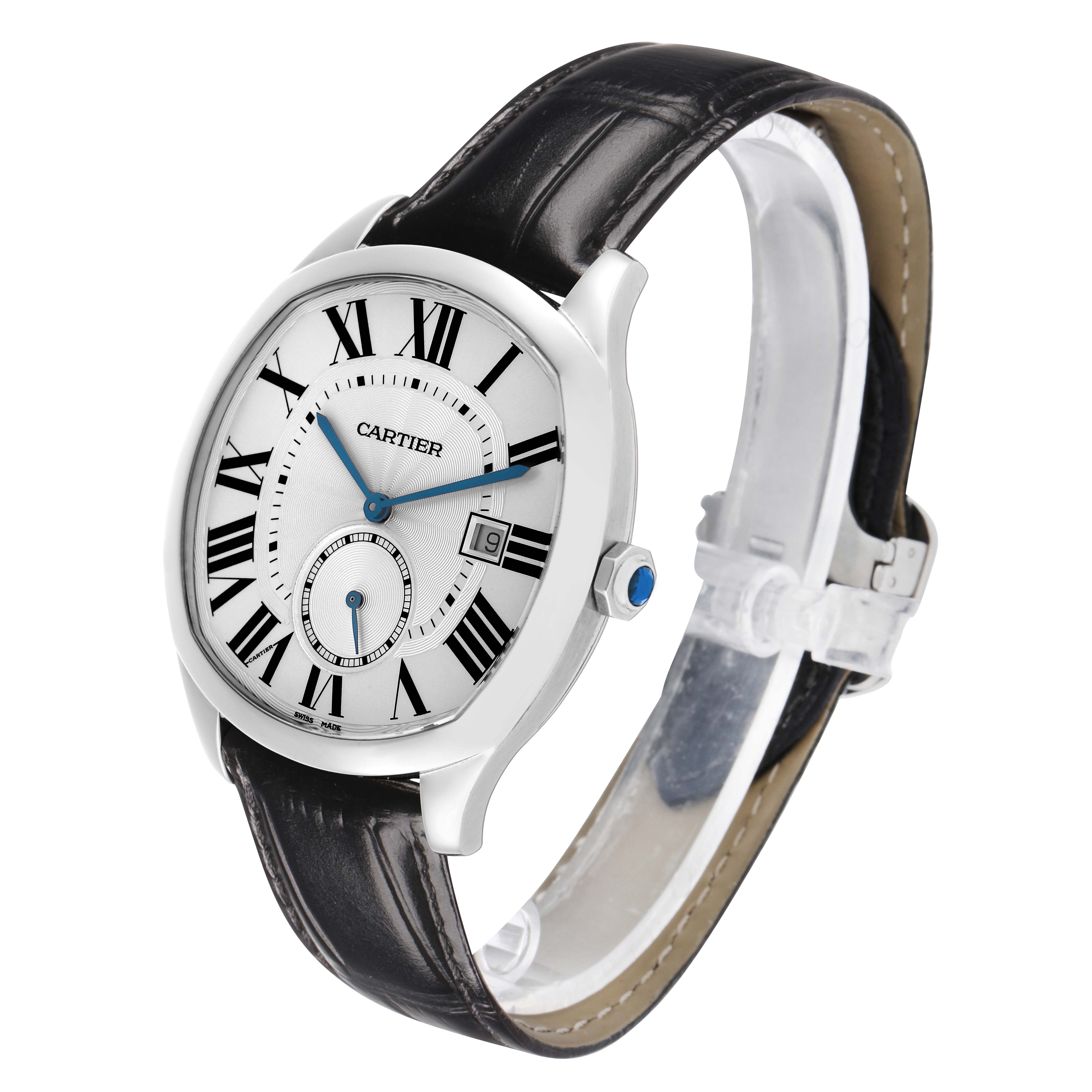 The Drive de Cartier watch is shown at a slight angle displaying the face, side, and part of the leather strap.