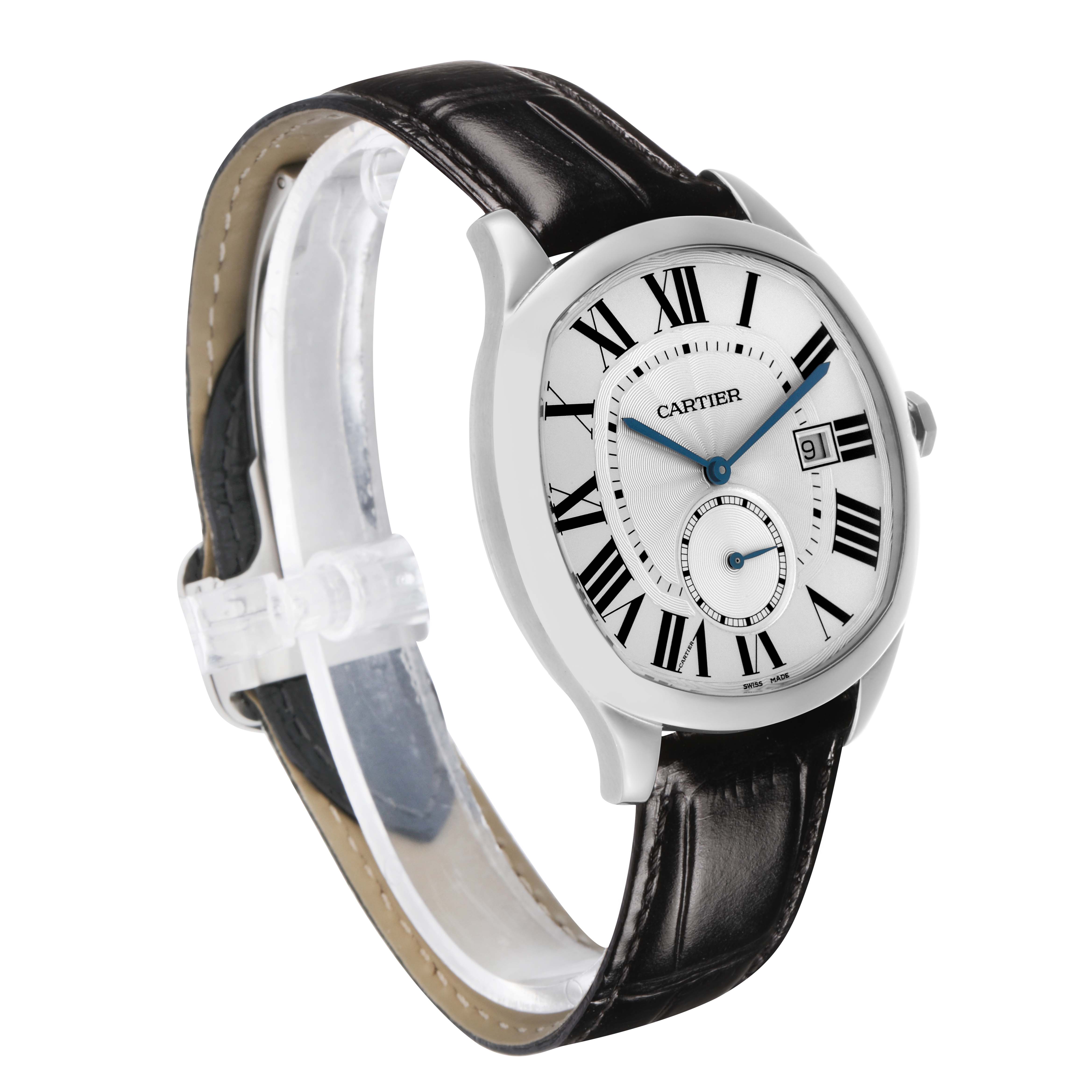 The Drive de Cartier watch is shown at a front angle, highlighting the dial, crown, and leather strap.