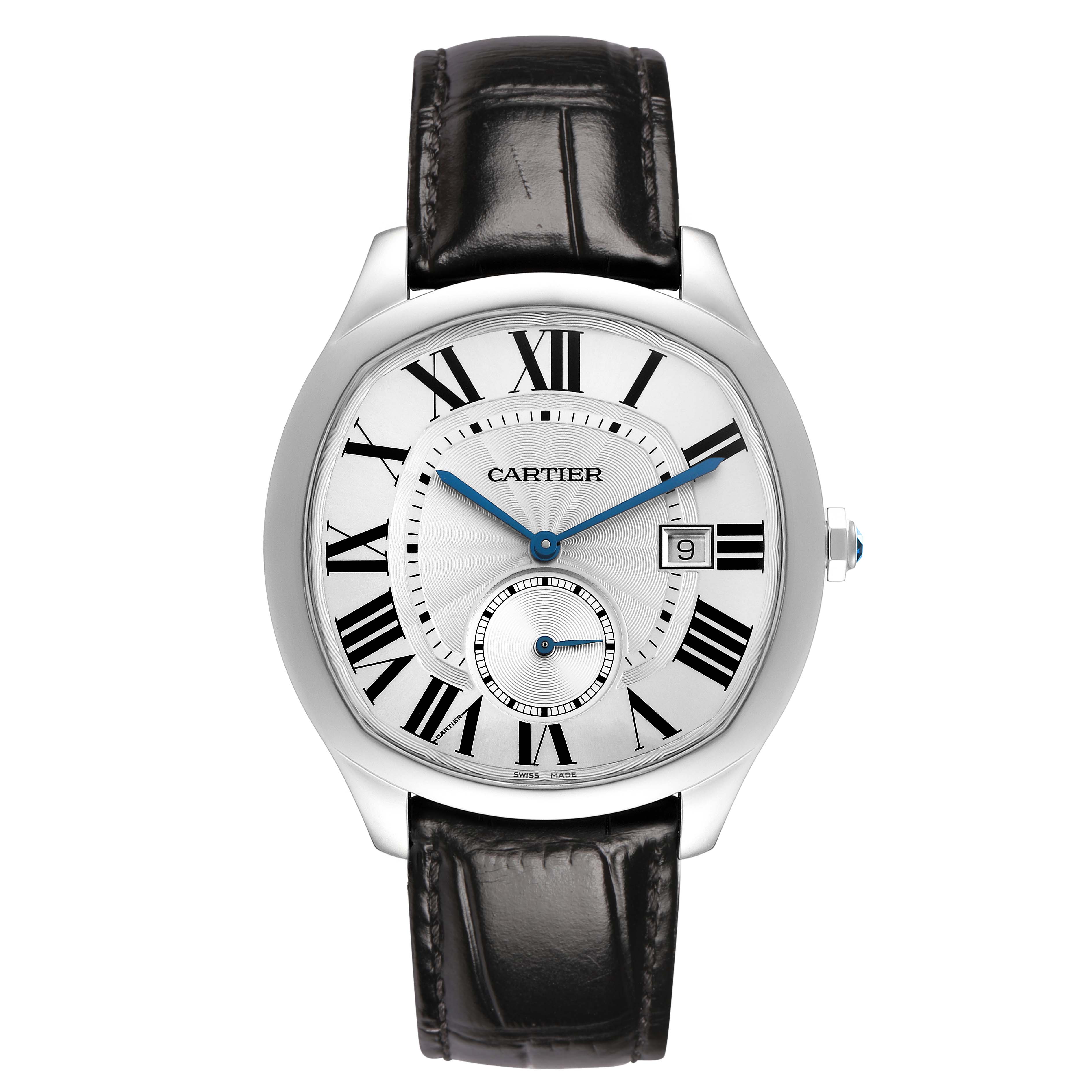 The Drive de Cartier watch is shown from the front, highlighting the dial, Roman numerals, and leather strap.