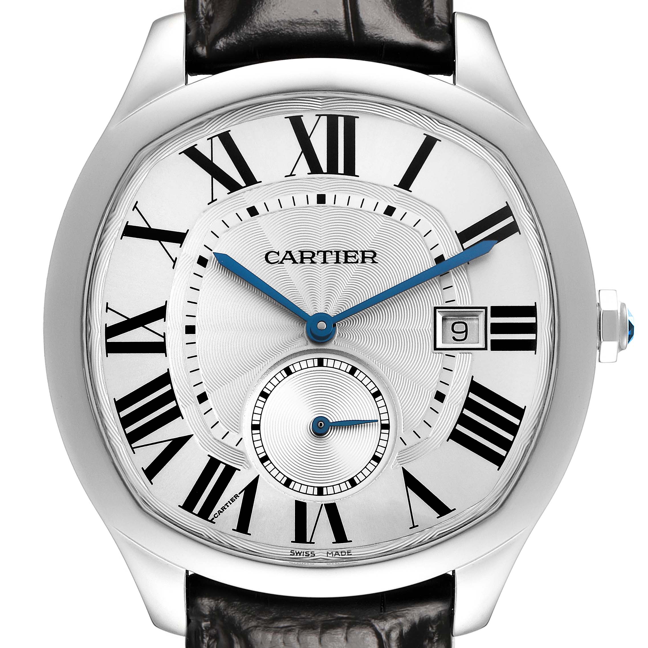 The Drive de Cartier watch is shown from a front angle, displaying the dial, Roman numerals, sub-dial, hands, and date window.
