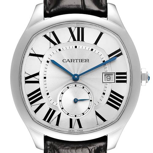 The Drive de Cartier watch is shown from a front angle, displaying its face, Roman numerals, blue hands, and date window.