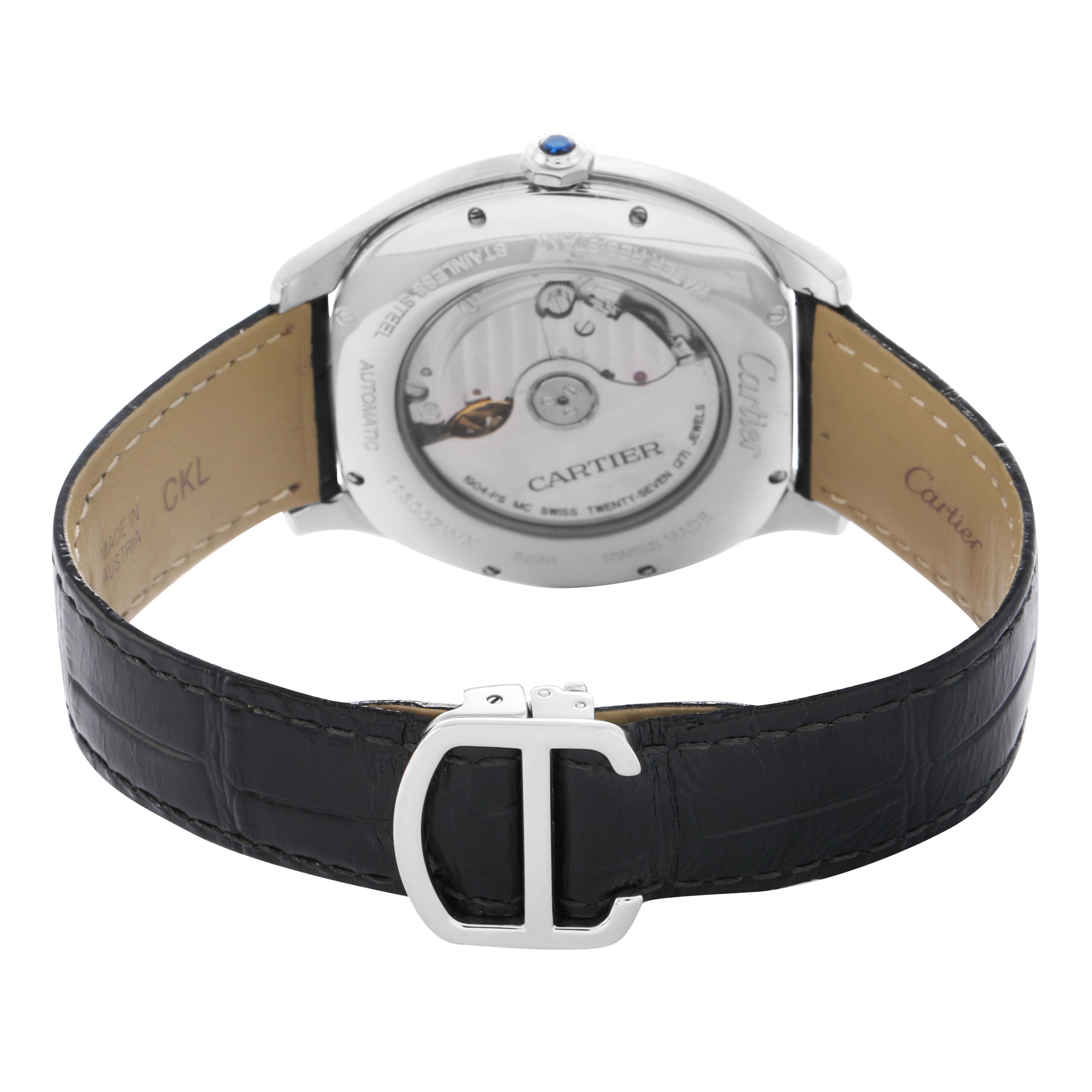 The Drive de Cartier watch is shown from the back, highlighting the movement and leather strap with a buckle.