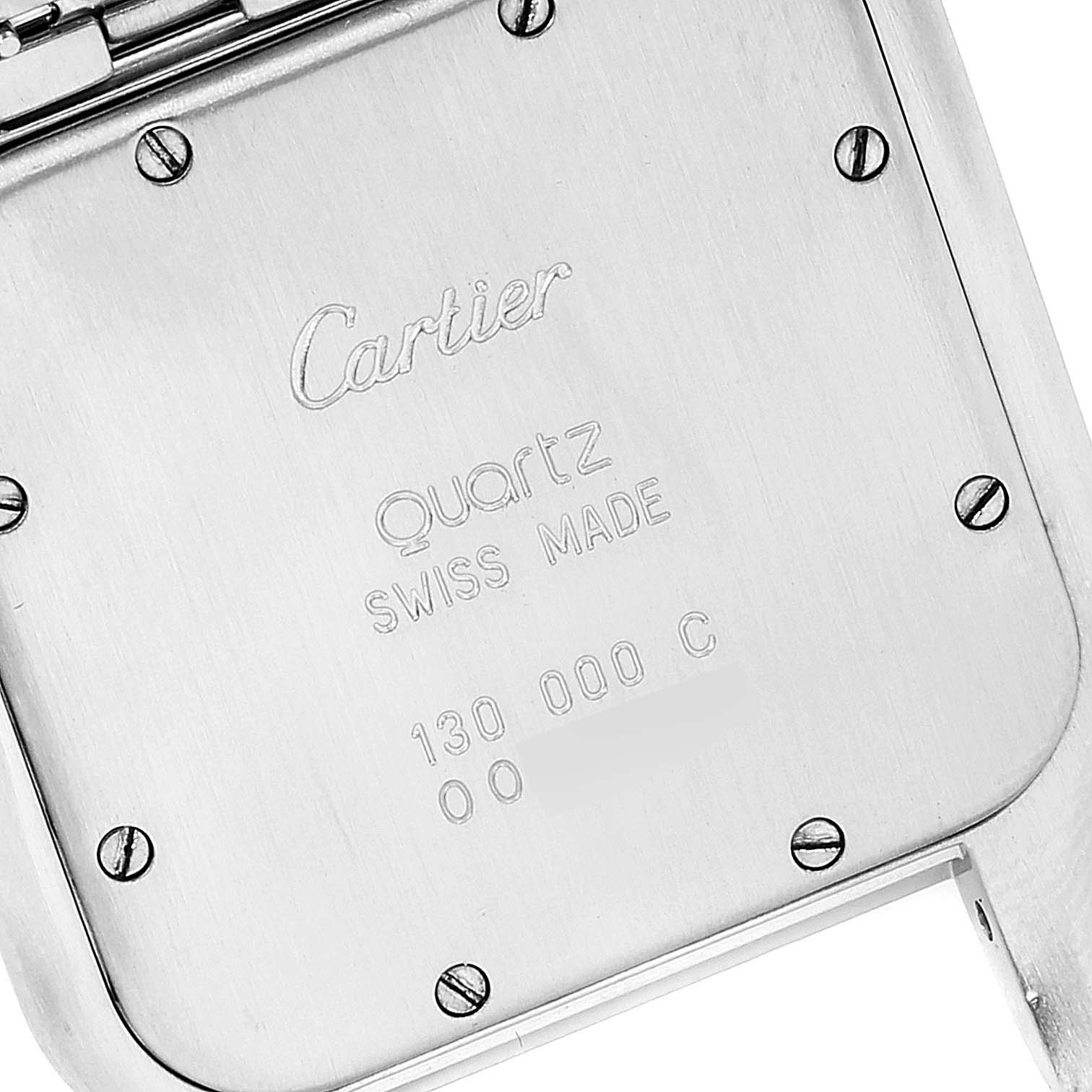 This image shows the back case of a Cartier Panthère watch, displaying its brand, model, and movement details.