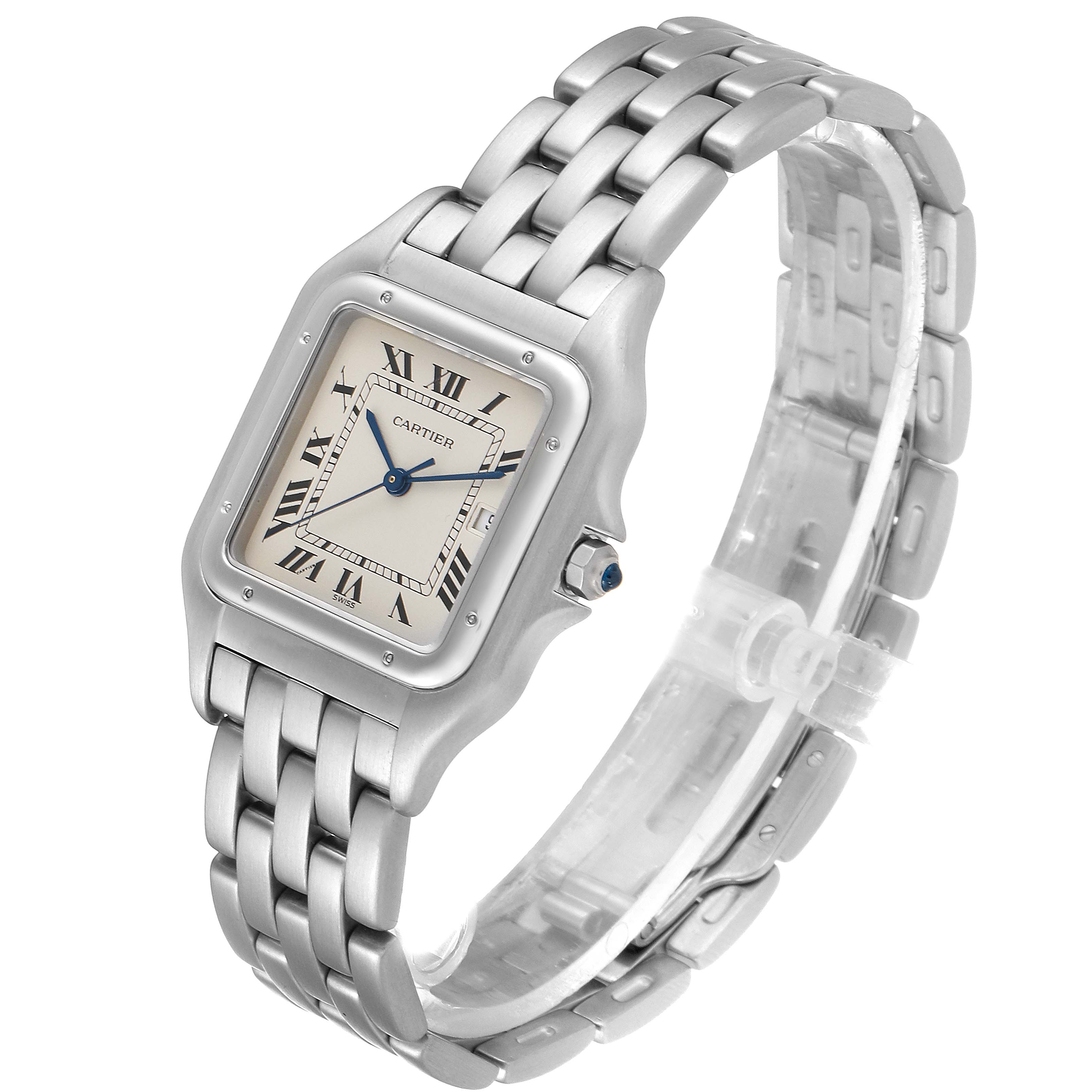 The Cartier Panthere W25032P5 Men's Stainless Steel Silver Dial W25032P5 Men's Stainless Steel Silver Dial watch is displayed at a slight angle, showing its face, bezel, and metal bracelet.
