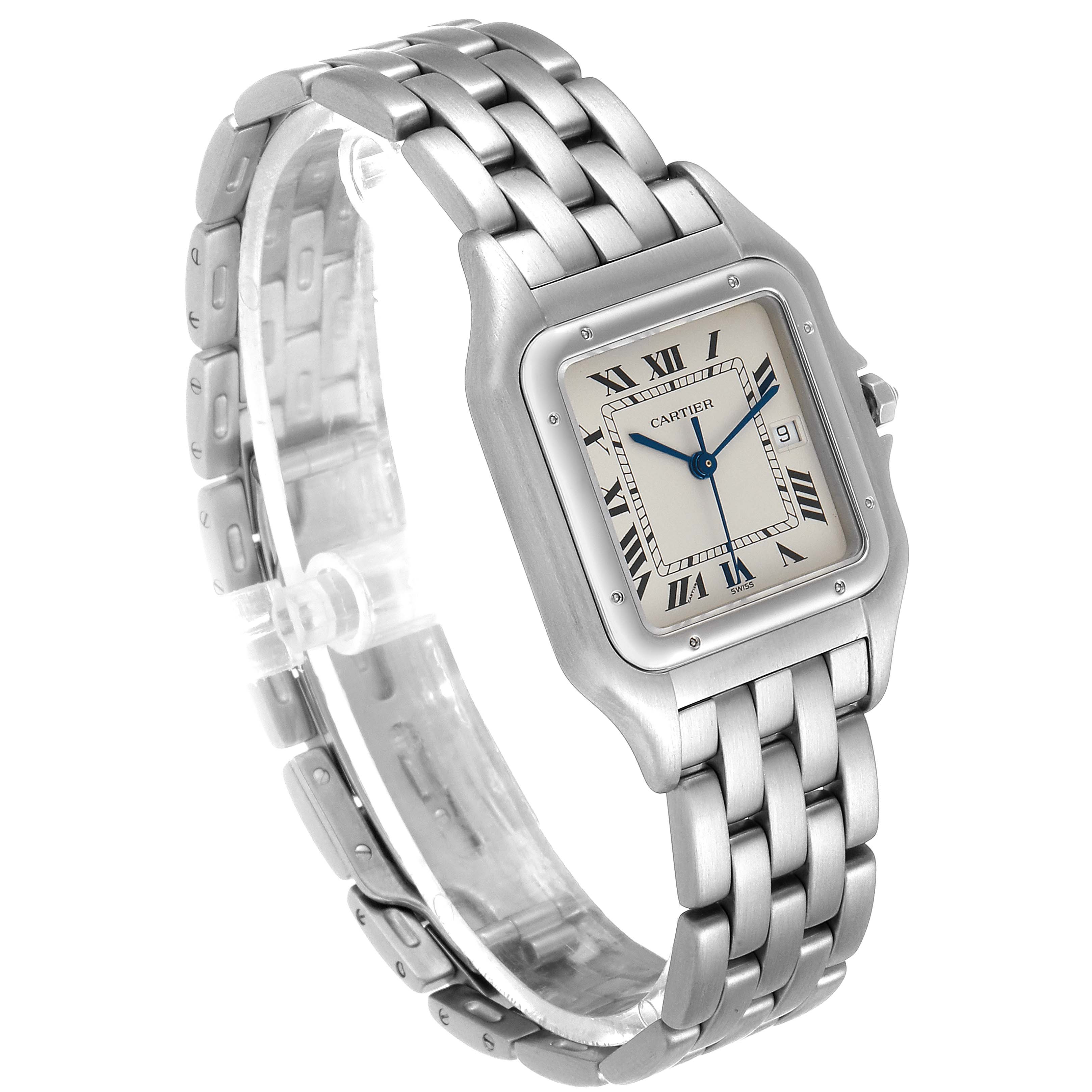 This Cartier Panthere W25032P5 Men's Stainless Steel Silver Dial W25032P5 Men's Stainless Steel Silver Dial model watch is shown at a slight angle, displaying its face, bezel, crown, and bracelet.