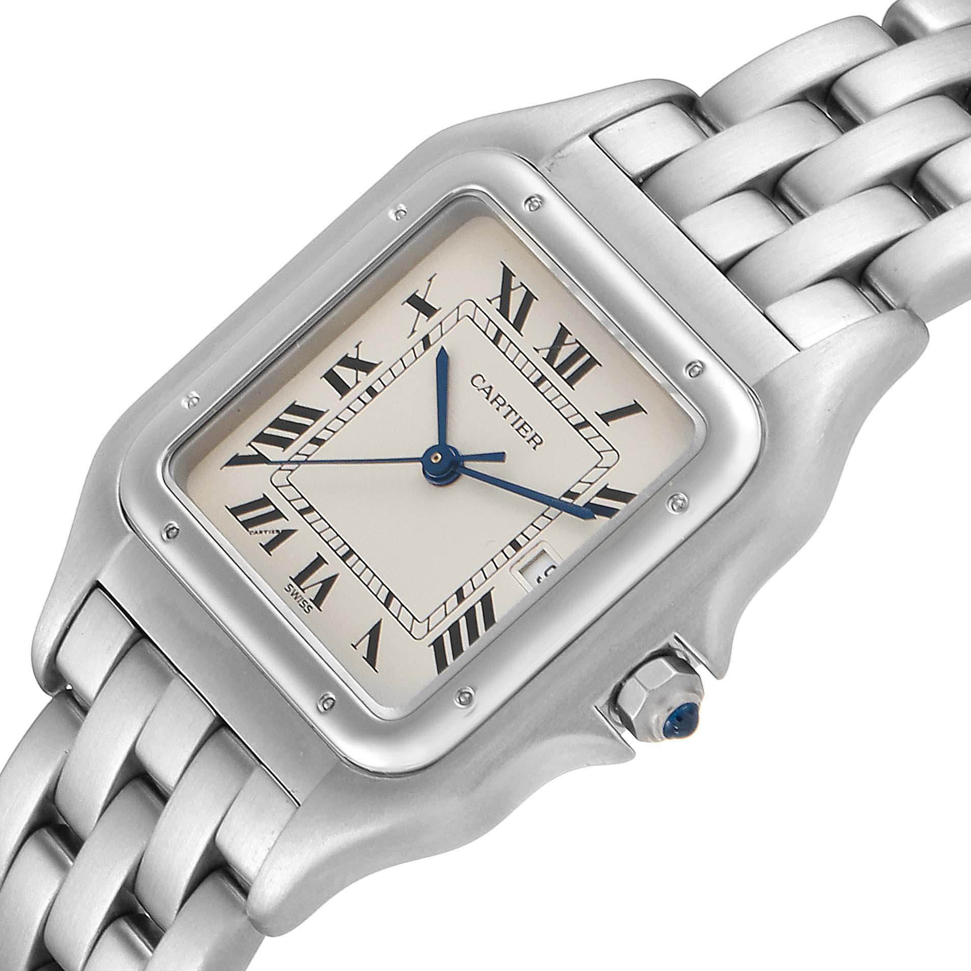 The image shows a close-up of the face and bracelet of the Cartier Panthere W25032P5 Men's Stainless Steel Silver Dial W25032P5 Men's Stainless Steel Silver Dial watch at a slight angle.