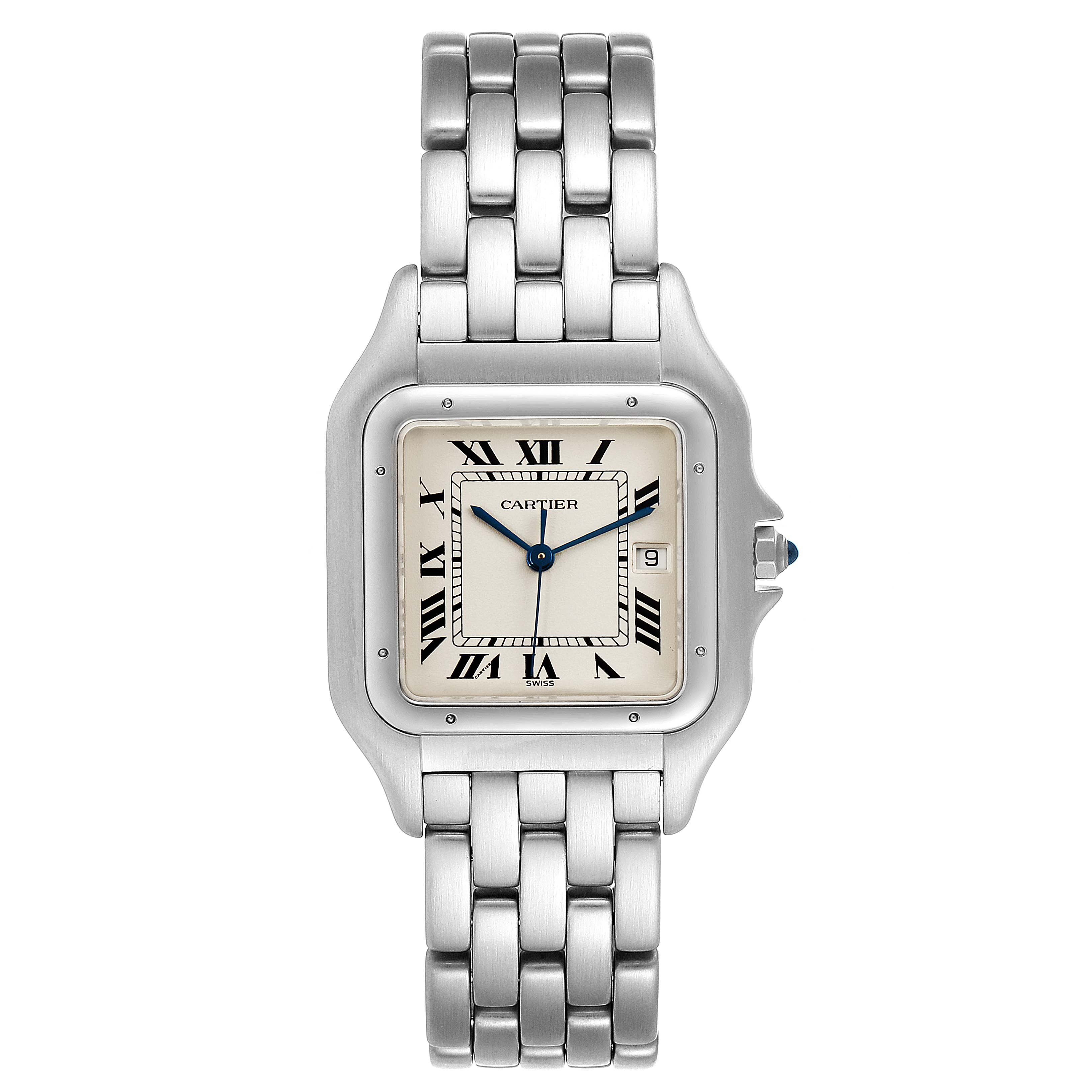 This Cartier Panthere W25032P5 Men's Stainless Steel Silver Dial W25032P5 Men's Stainless Steel Silver Dial watch is shown from a front angle, displaying its square face, Roman numerals, and metal bracelet.