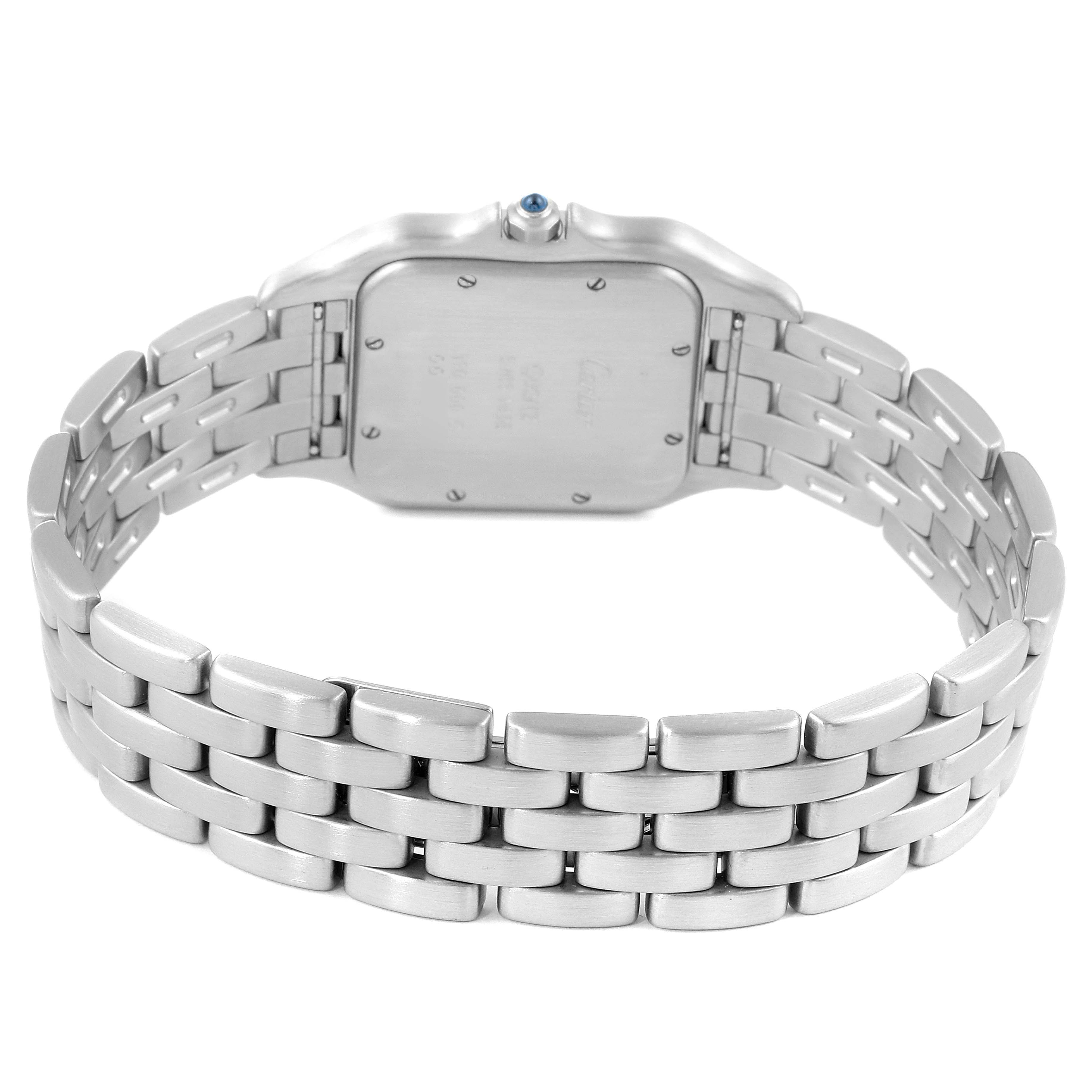 The image shows the back view of a Cartier Panthere W25032P5 Men's Stainless Steel Silver Dial W25032P5 Men's Stainless Steel Silver Dial model watch, highlighting its metal bracelet and case back.