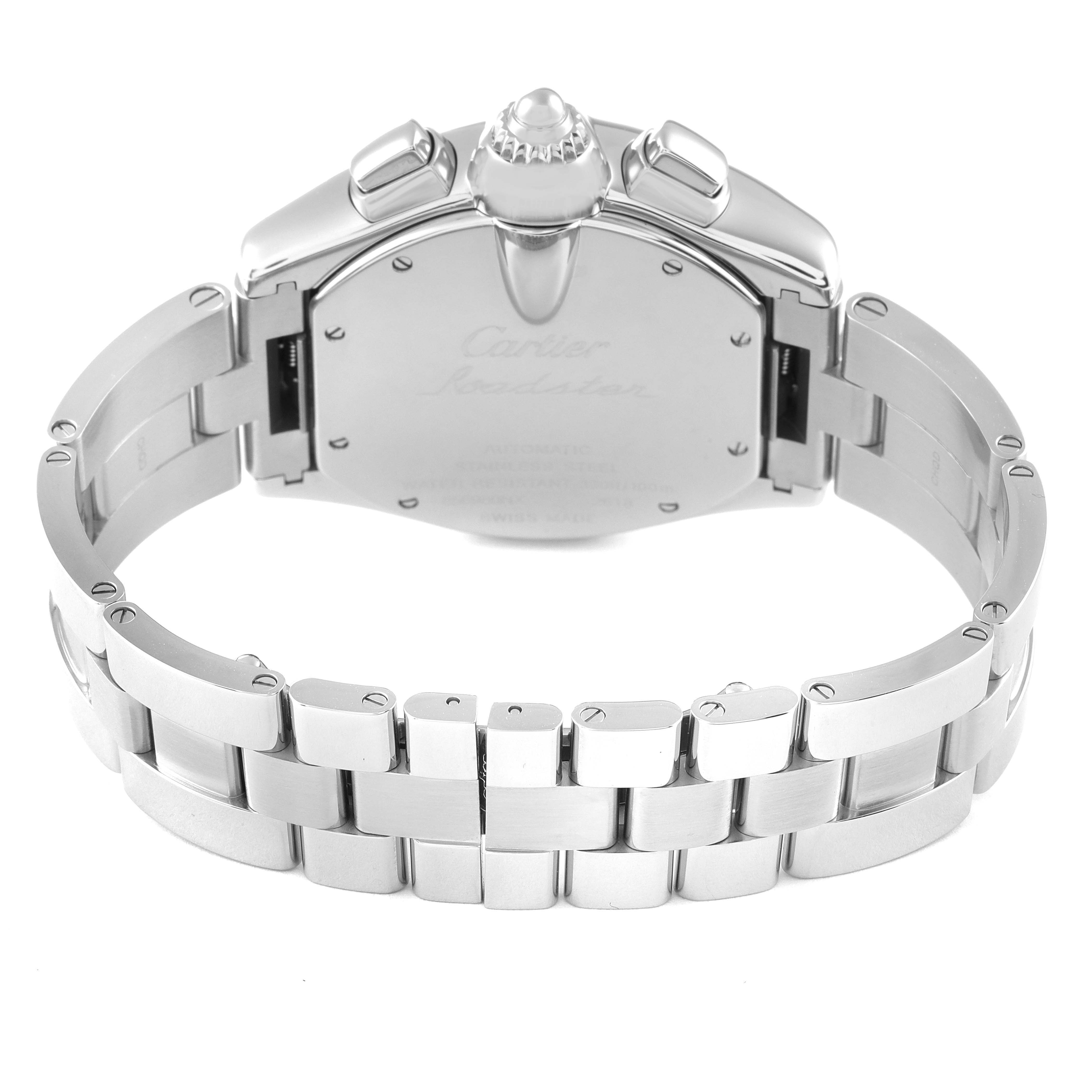 This image shows the back view of a Cartier Roadster W62020X6 Men's Stainless Steel Black Dial W62020X6 Men's Stainless Steel Black Dial watch, featuring the bracelet and clasp.