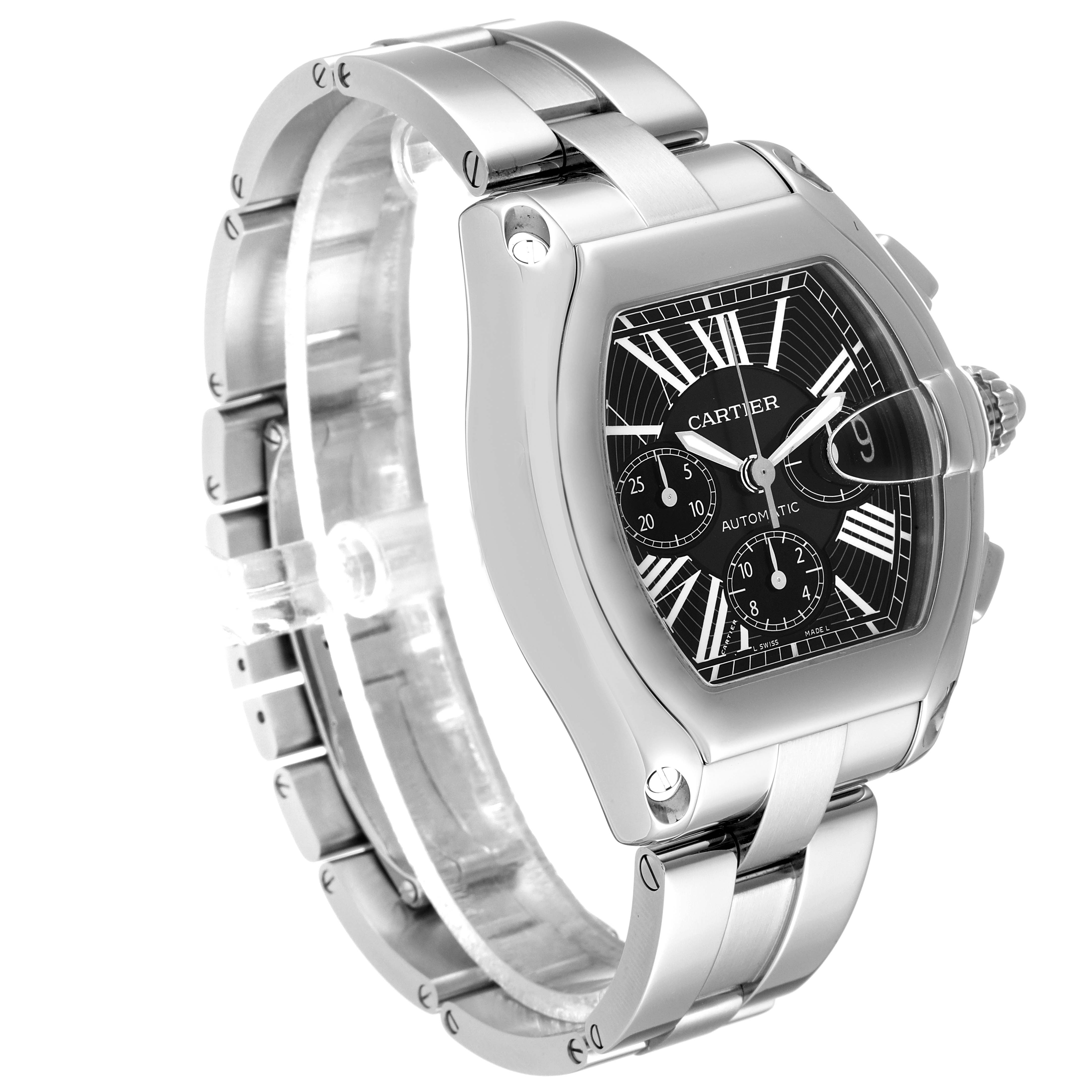 This is a Cartier Roadster W62020X6 Men's Stainless Steel Black Dial W62020X6 Men's Stainless Steel Black Dial watch shown at a three-quarter angle highlighting the dial, case, bracelet, and crown.