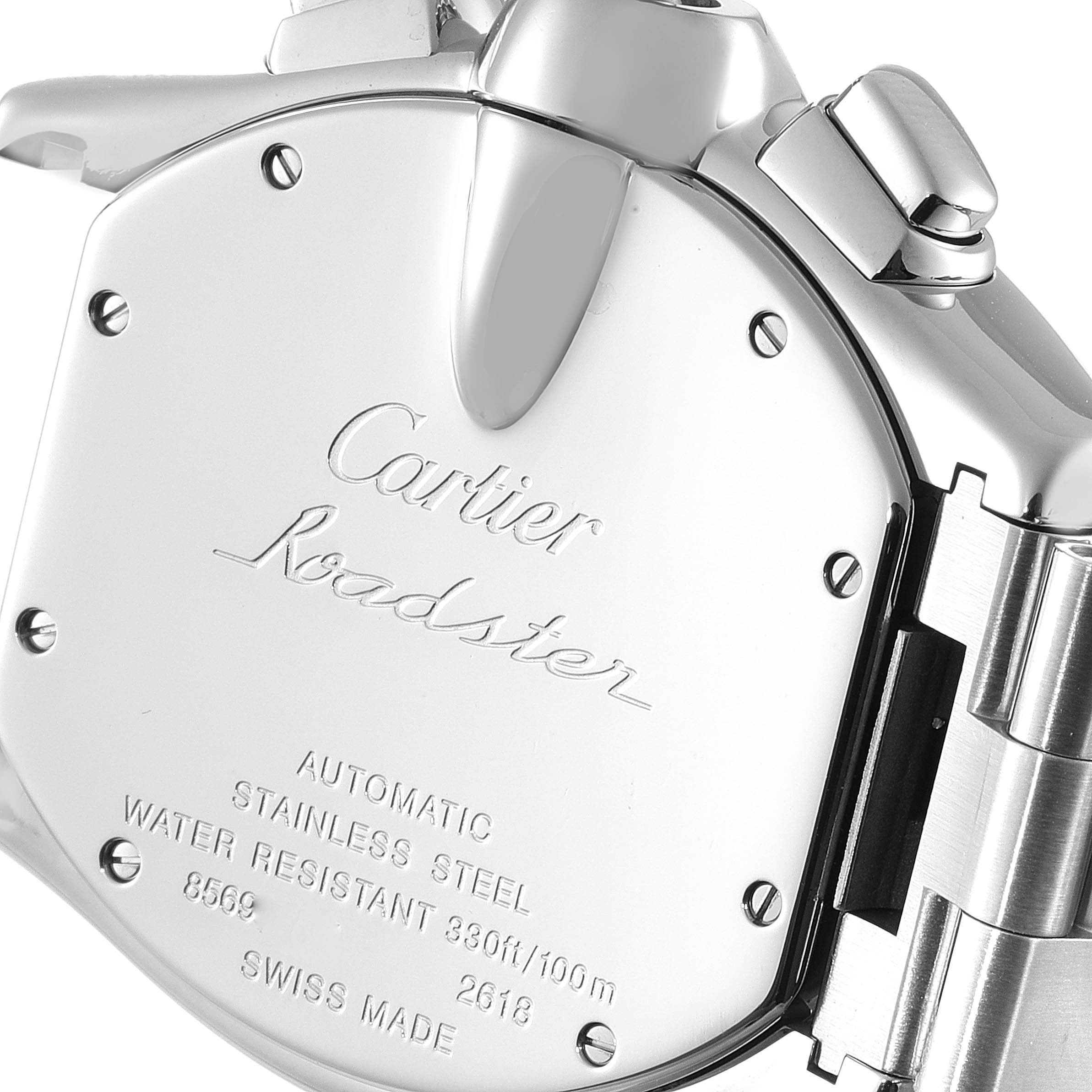 The image shows the back of a Cartier Roadster W62020X6 Men's Stainless Steel Black Dial W62020X6 Men's Stainless Steel Black Dial watch, displaying engravings and part of the metal bracelet.
