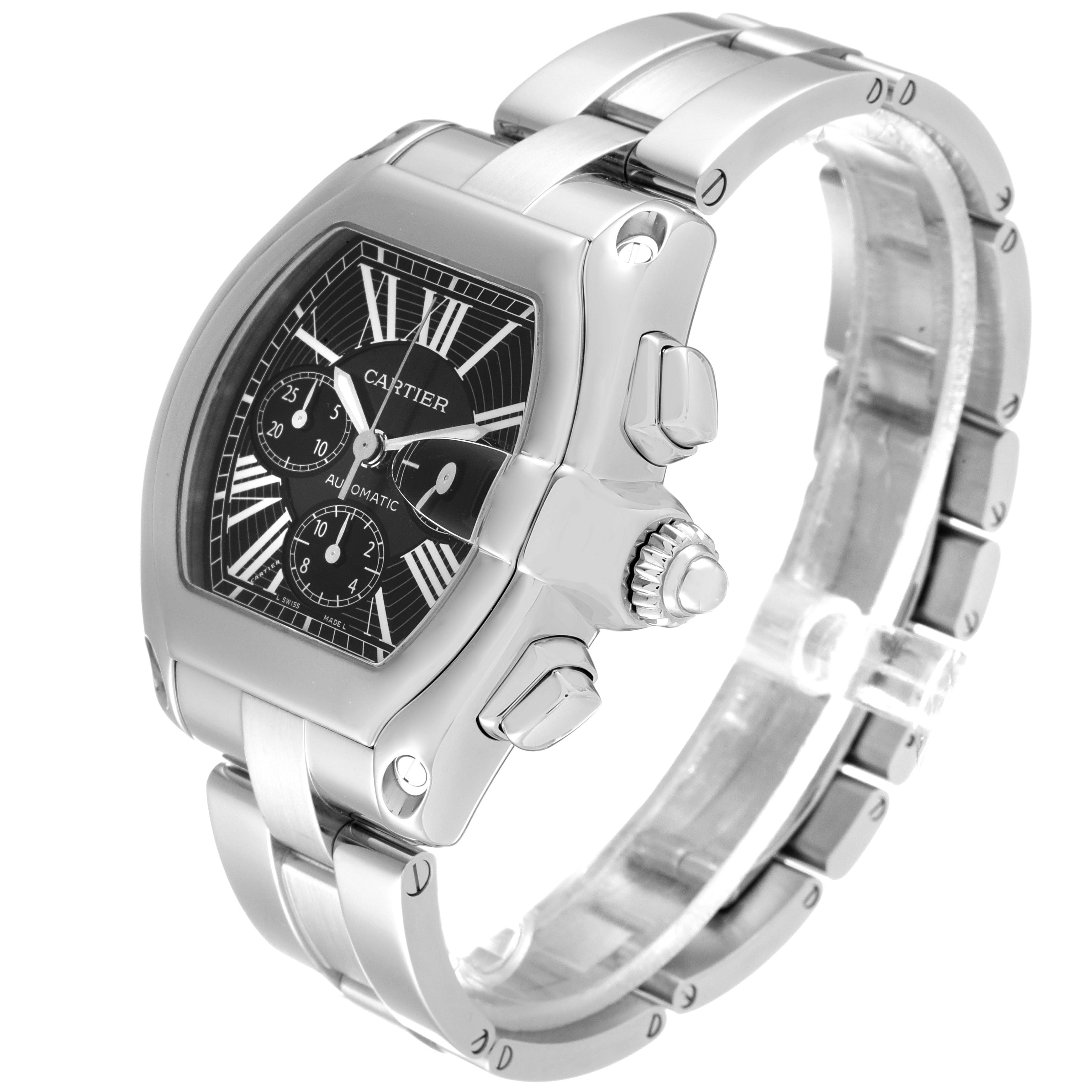 The image shows a side-angle view of the Cartier Roadster W62020X6 Men's Stainless Steel Black Dial W62020X6 Men's Stainless Steel Black Dial watch, highlighting the face, crown, and stainless steel band.