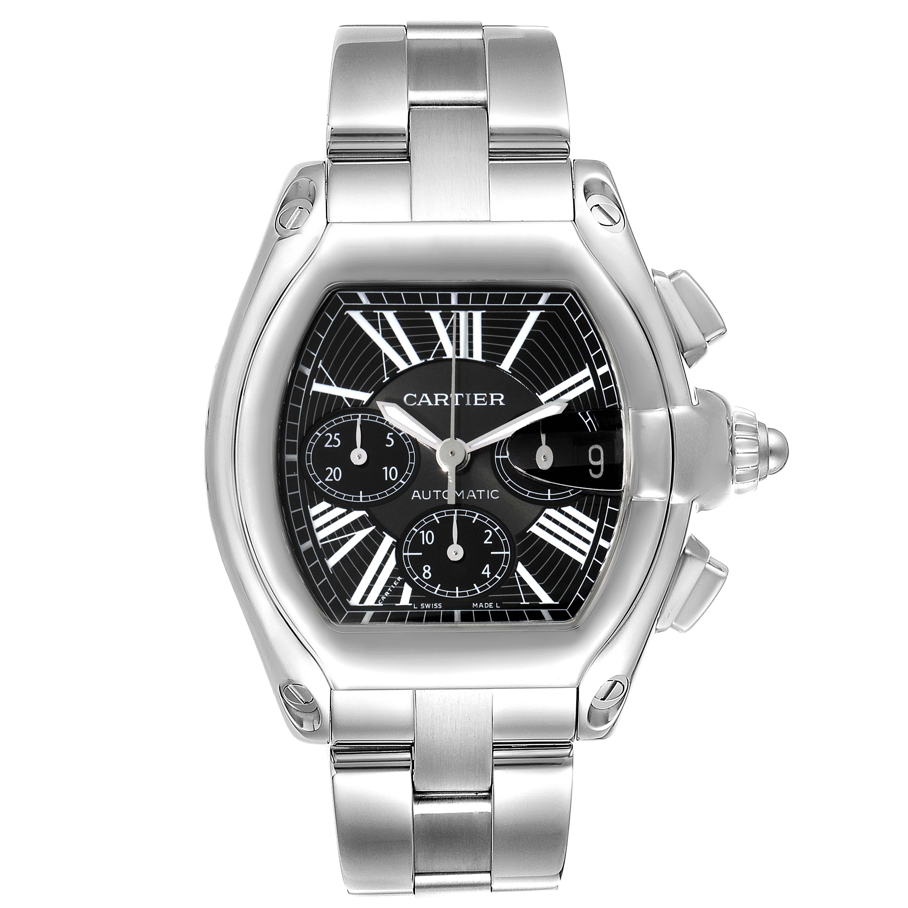 The image shows a front view of the Cartier Roadster W62020X6 Men's Stainless Steel Black Dial W62020X6 Men's Stainless Steel Black Dial watch, highlighting its face, dials, and stainless steel bracelet.