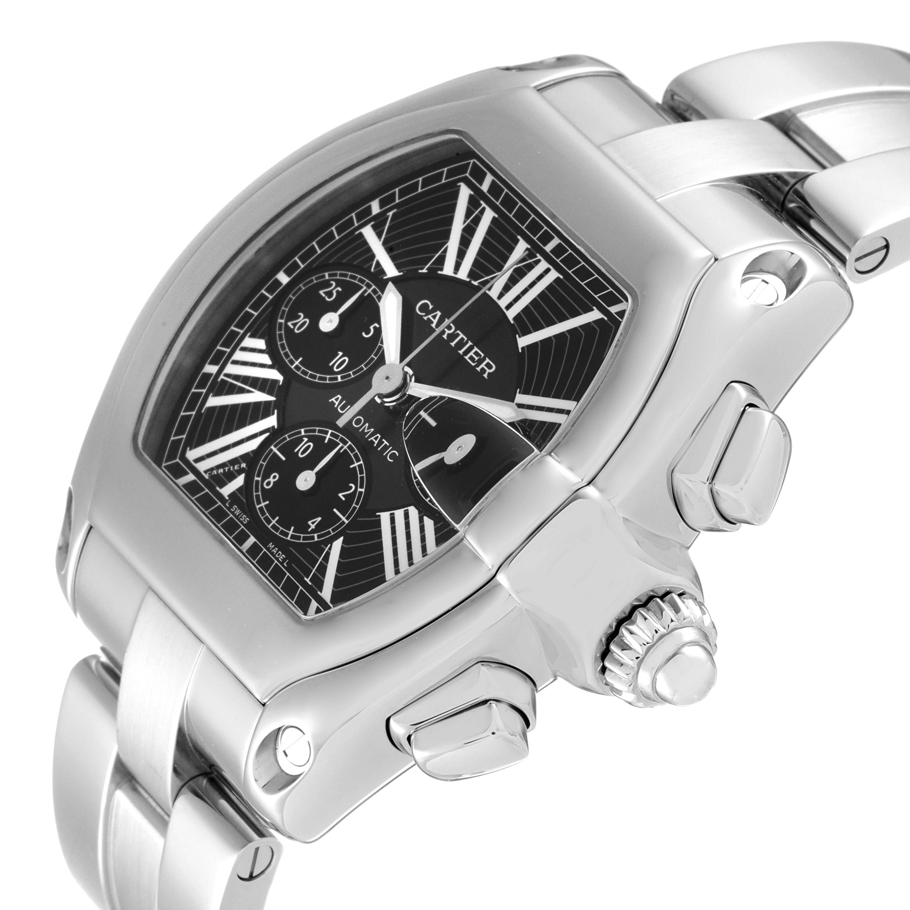 The image shows a close-up angle of a Cartier Roadster W62020X6 Men's Stainless Steel Black Dial W62020X6 Men's Stainless Steel Black Dial watch, highlighting its face, crown, and stainless steel bracelet.