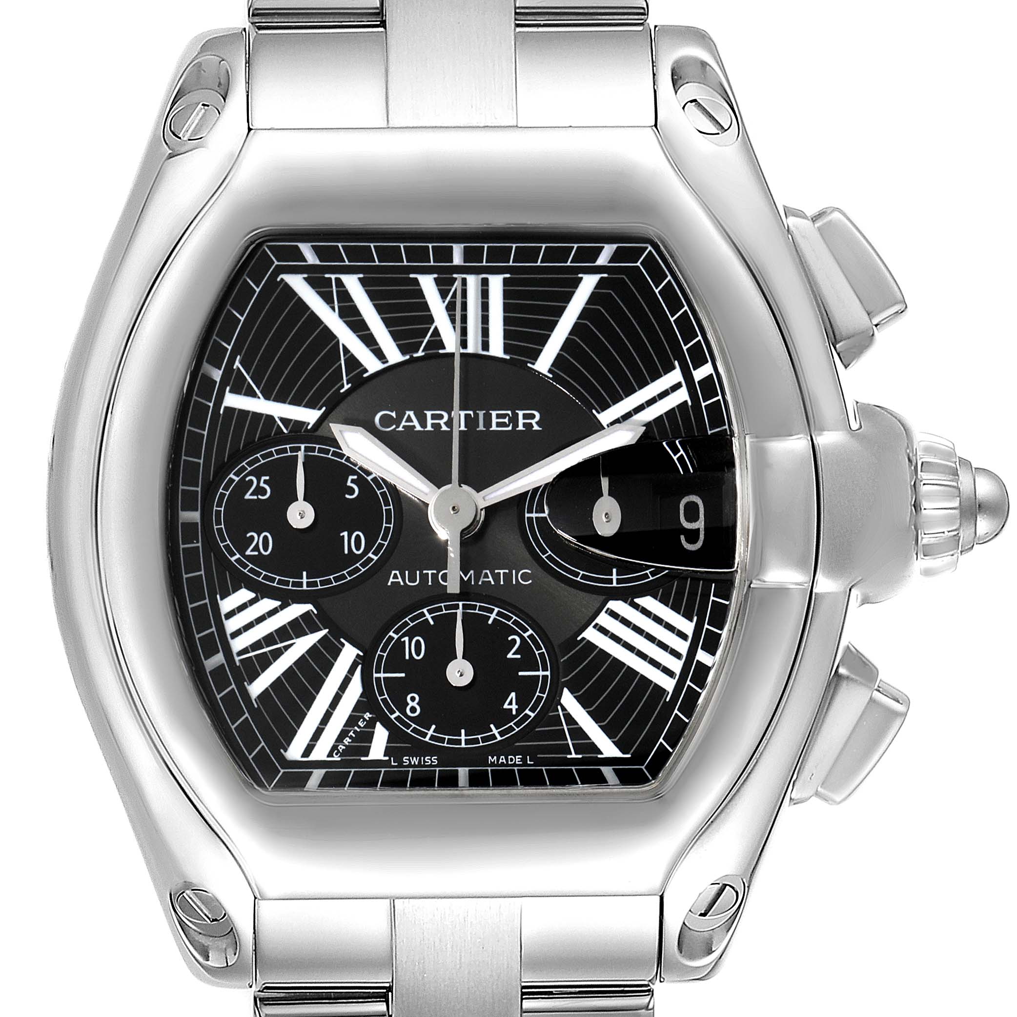 The image shows a front view of the Cartier Roadster W62020X6 Men's Stainless Steel Black Dial W62020X6 Men's Stainless Steel Black Dial watch, highlighting its black dial, chronograph sub-dials, and date window.
