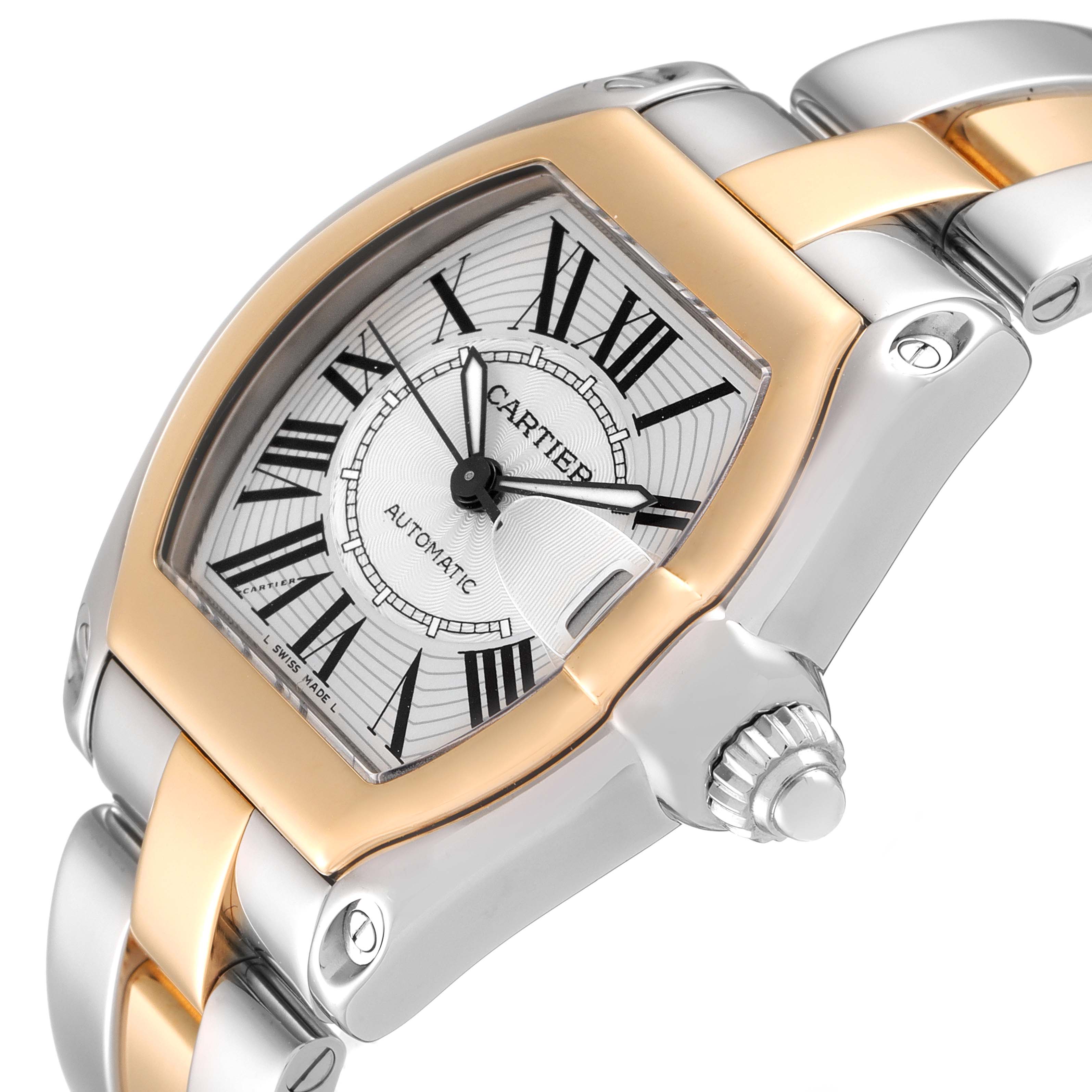 This image shows a close-up of the face and part of the bracelet of the Cartier Roadster W62031Y4 Men
s Steel and Gold (two tone) Silver Dial W62031Y4 Men
s Steel and Gold (two tone) Silver Dial watch.