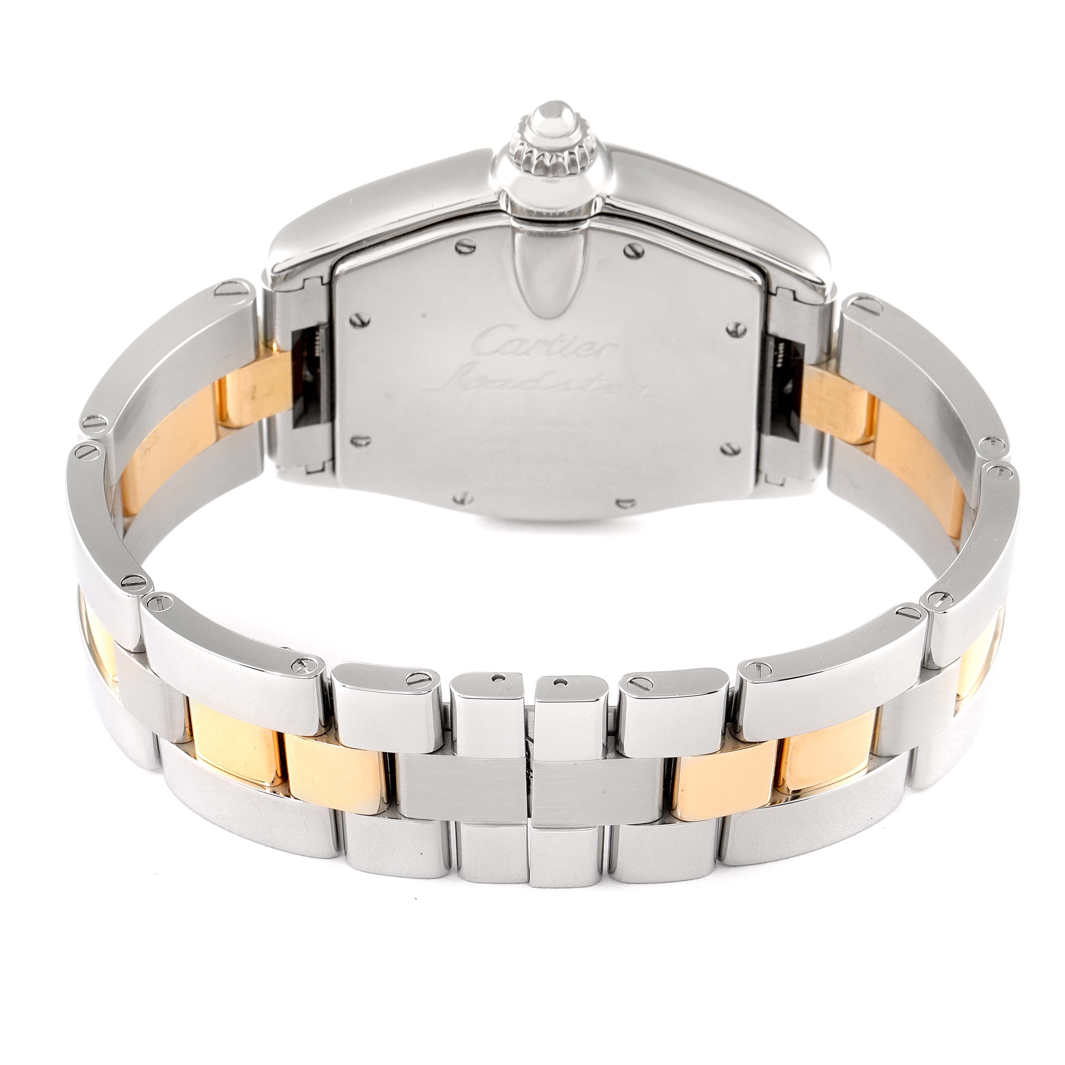 The image shows the back case and metal bracelet of a Cartier Roadster W62031Y4 Men
s Steel and Gold (two tone) Silver Dial W62031Y4 Men
s Steel and Gold (two tone) Silver Dial watch from a rear angle.