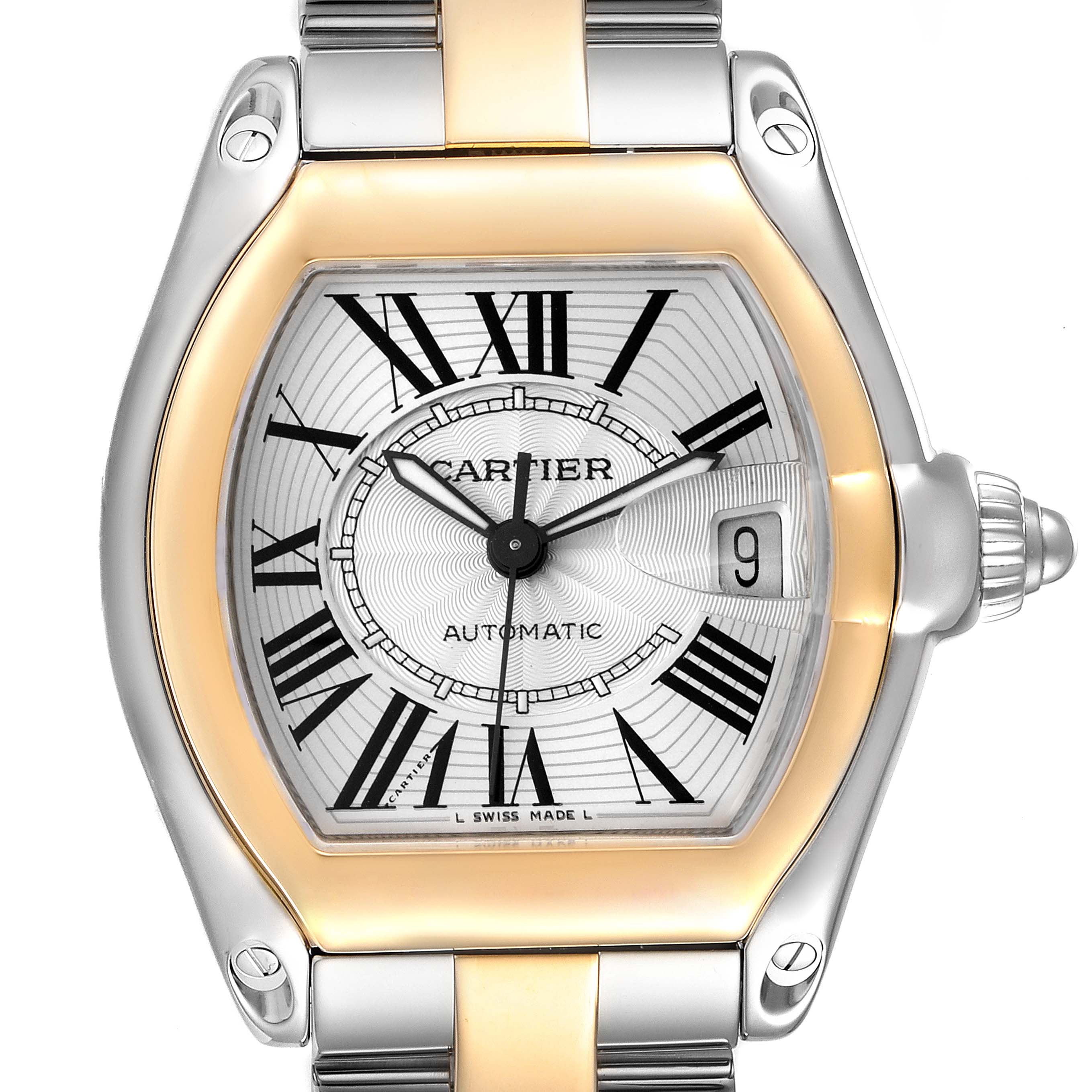 This Cartier Roadster W62031Y4 Men
s Steel and Gold (two tone) Silver Dial W62031Y4 Men
s Steel and Gold (two tone) Silver Dial watch is shown from the front, highlighting its dial, bezel, crown, and part of the bracelet.