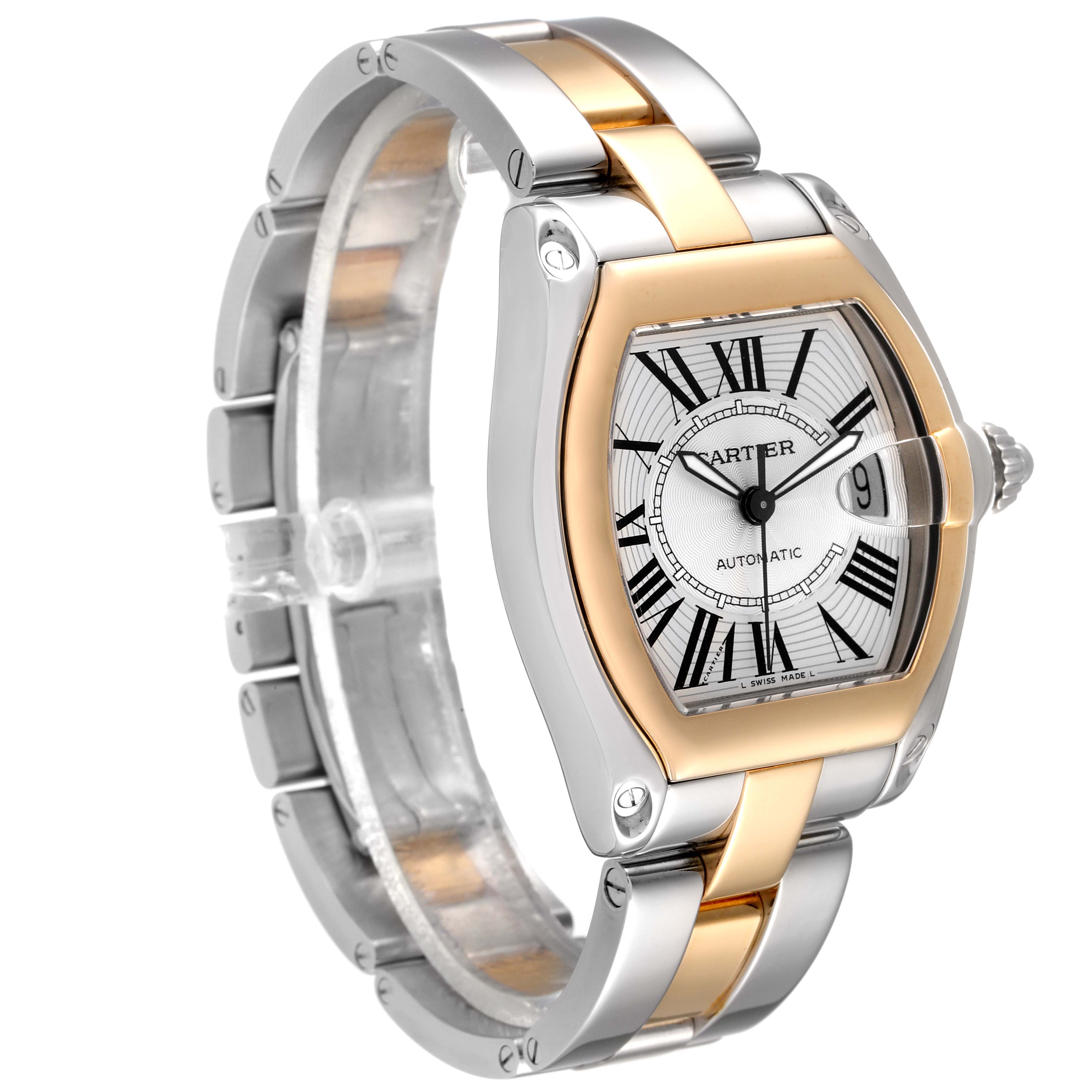 This image shows a Cartier Roadster W62031Y4 Men
s Steel and Gold (two tone) Silver Dial W62031Y4 Men
s Steel and Gold (two tone) Silver Dial watch from an angled side view, highlighting the dial, bezel, and two-tone strap.