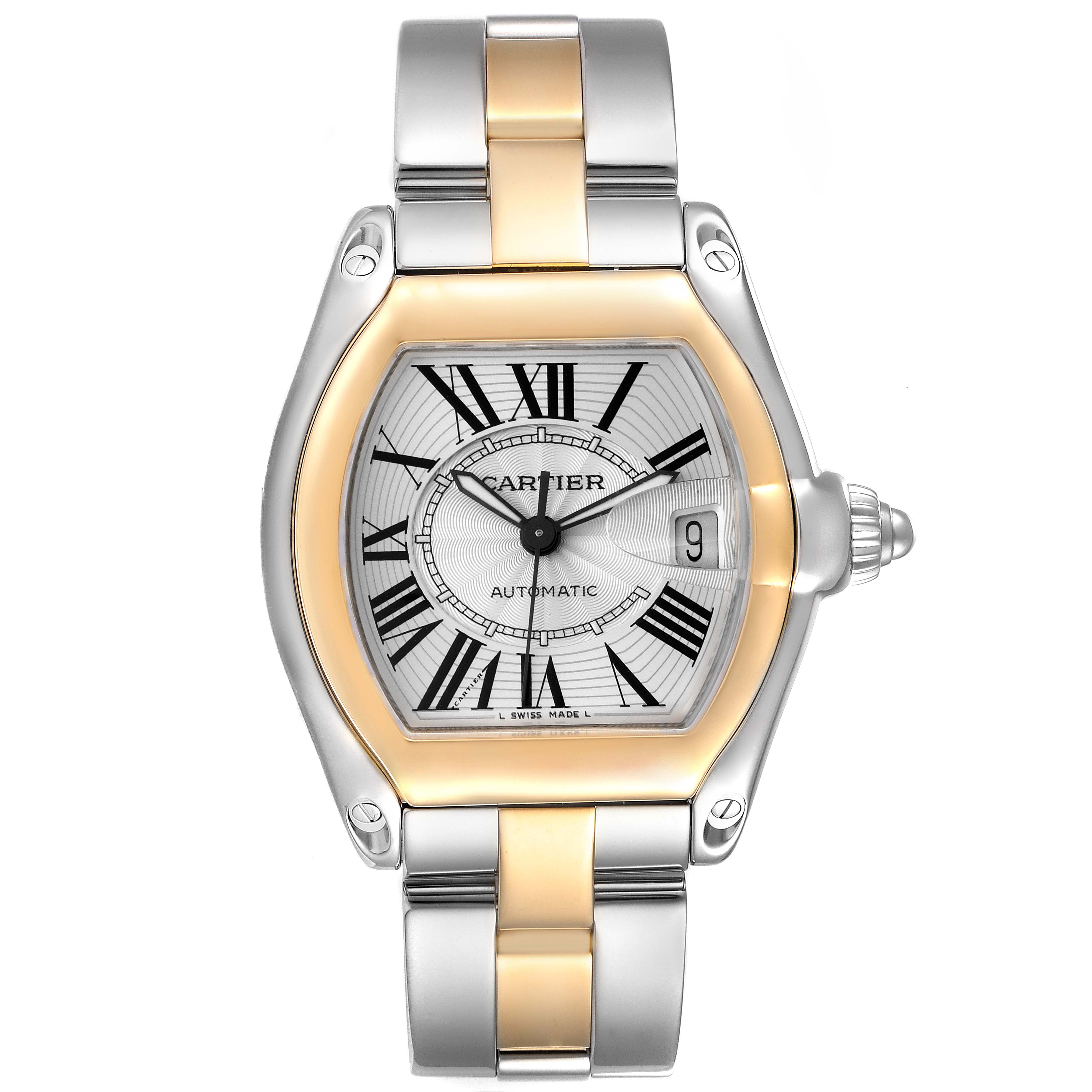 This image shows a Cartier Roadster W62031Y4 Men
s Steel and Gold (two tone) Silver Dial W62031Y4 Men
s Steel and Gold (two tone) Silver Dial watch from a front angle, highlighting its face, bezel, and bracelet.