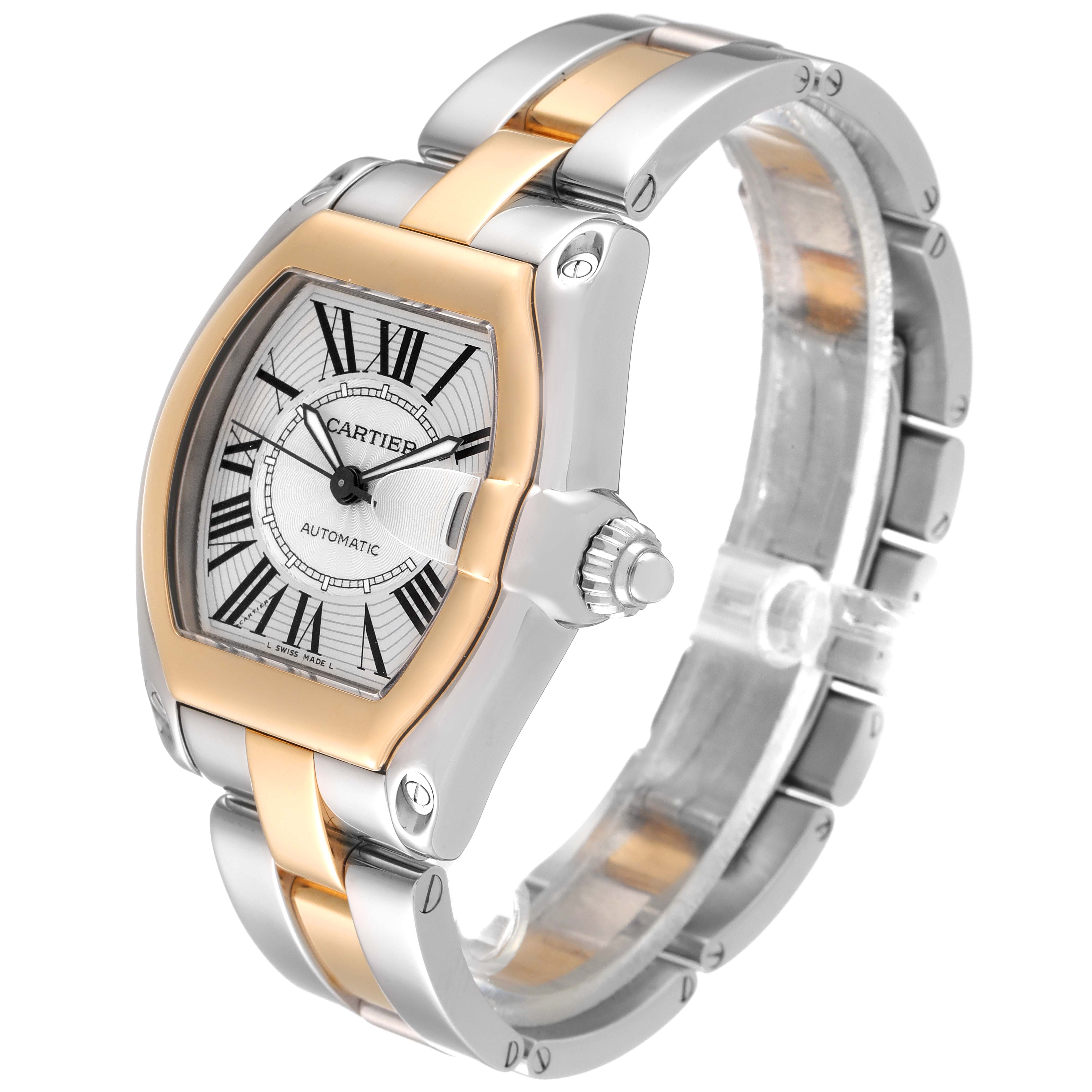 This is a Cartier Roadster W62031Y4 Men
s Steel and Gold (two tone) Silver Dial W62031Y4 Men
s Steel and Gold (two tone) Silver Dial watch shown from a three-quarter angle, displaying its face, bezel, strap, and crown.