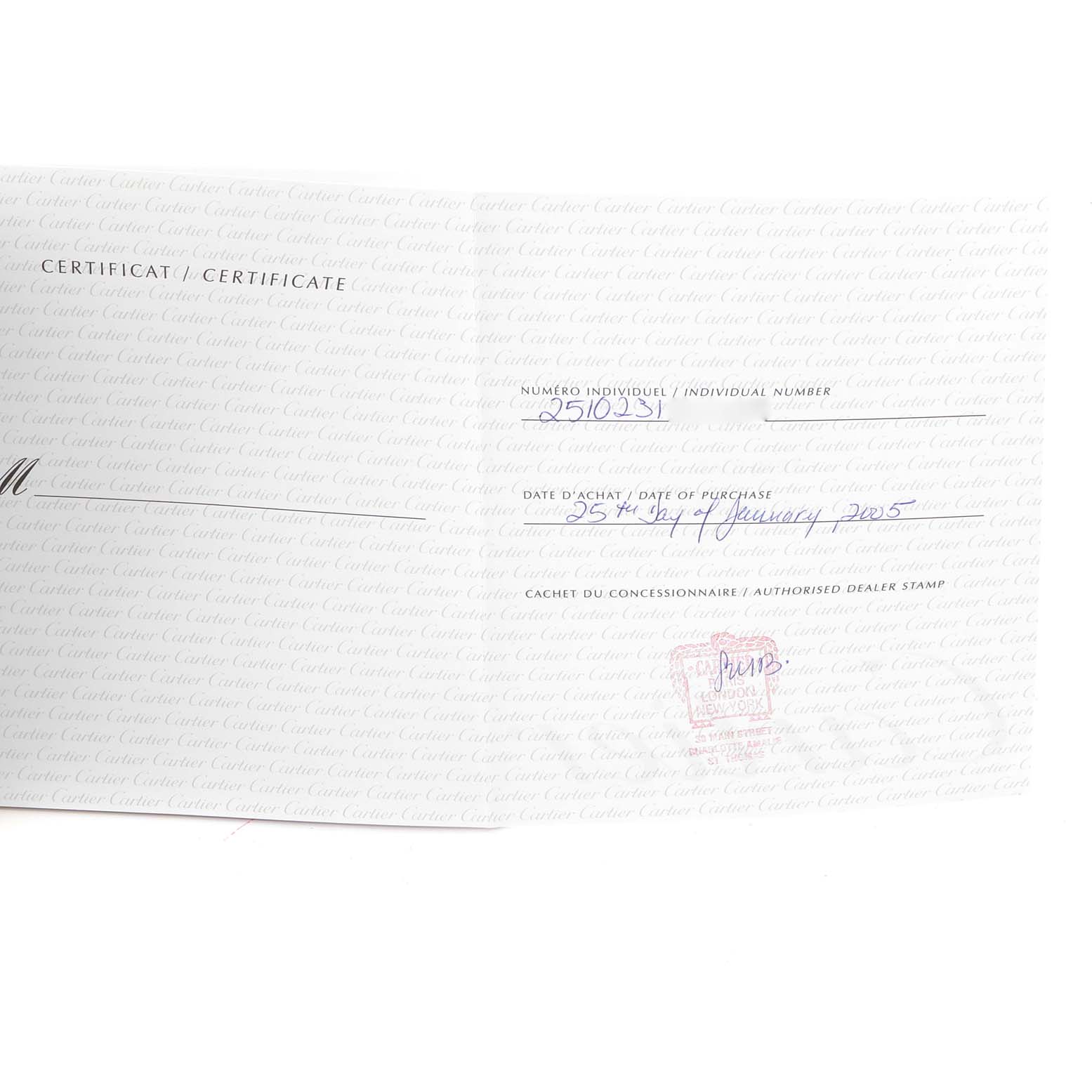 This image shows the certificate of the Cartier Roadster W62031Y4 Men
s Steel and Gold (two tone) Silver Dial W62031Y4 Men
s Steel and Gold (two tone) Silver Dial watch with purchase details and individual number.