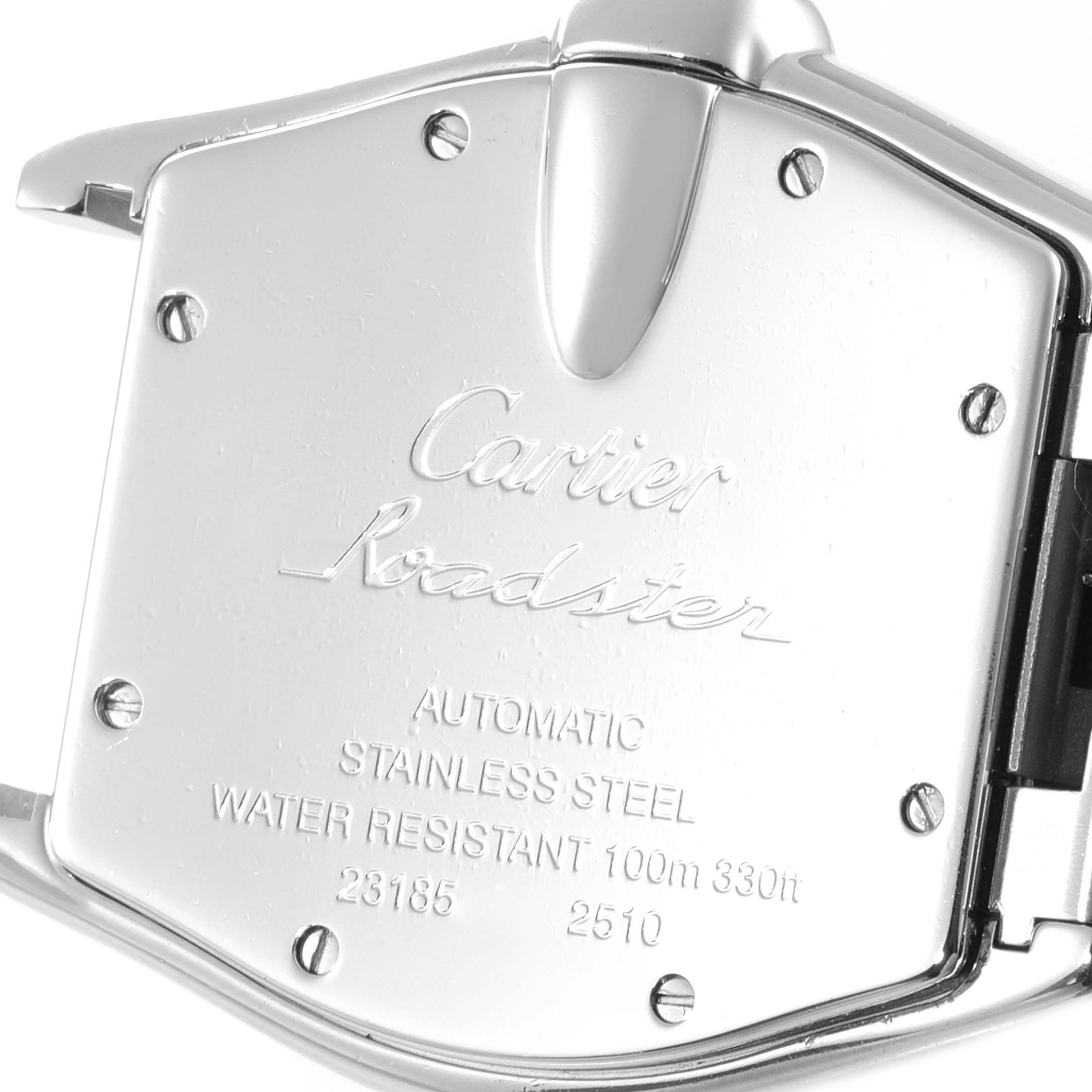 This image shows the back case of a Cartier Roadster W62031Y4 Men
s Steel and Gold (two tone) Silver Dial W62031Y4 Men
s Steel and Gold (two tone) Silver Dial watch.