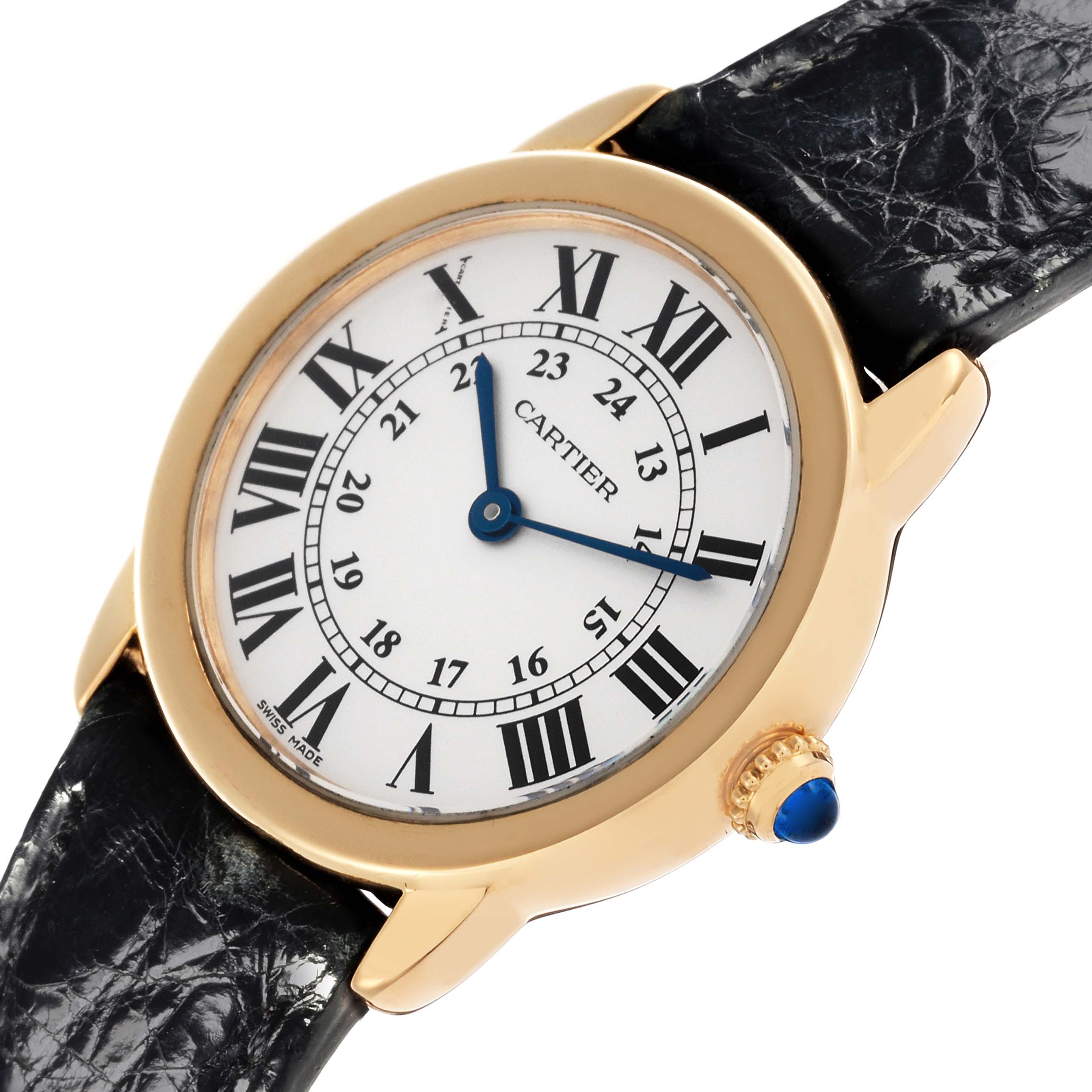 The Cartier Ronde W6700355 Women's Steel and Gold (two tone) Silver Dial W6700355 Women's Steel and Gold (two tone) Silver Dial watch is shown at an angle highlighting the face, case, and crown with a partial view of the strap.