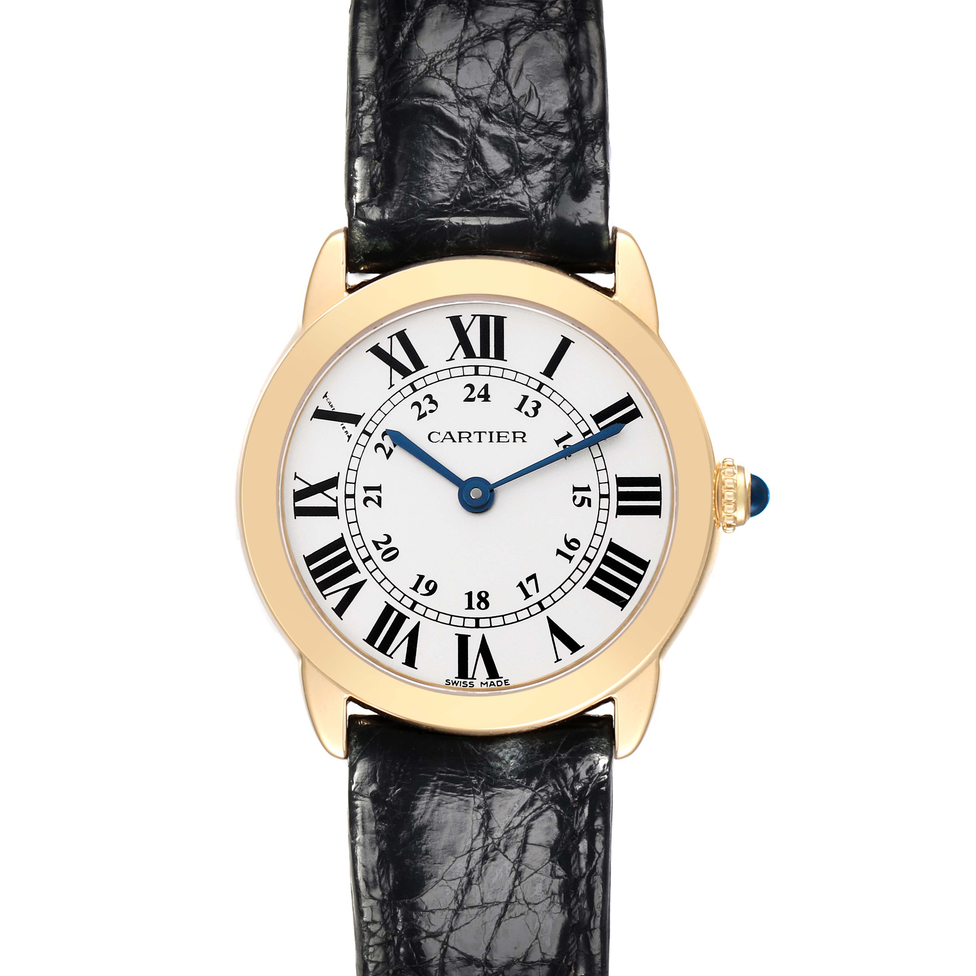 The Cartier Ronde W6700355 Women's Steel and Gold (two tone) Silver Dial W6700355 Women's Steel and Gold (two tone) Silver Dial watch is shown from a top-down angle, displaying the face, Roman numerals, and leather strap.