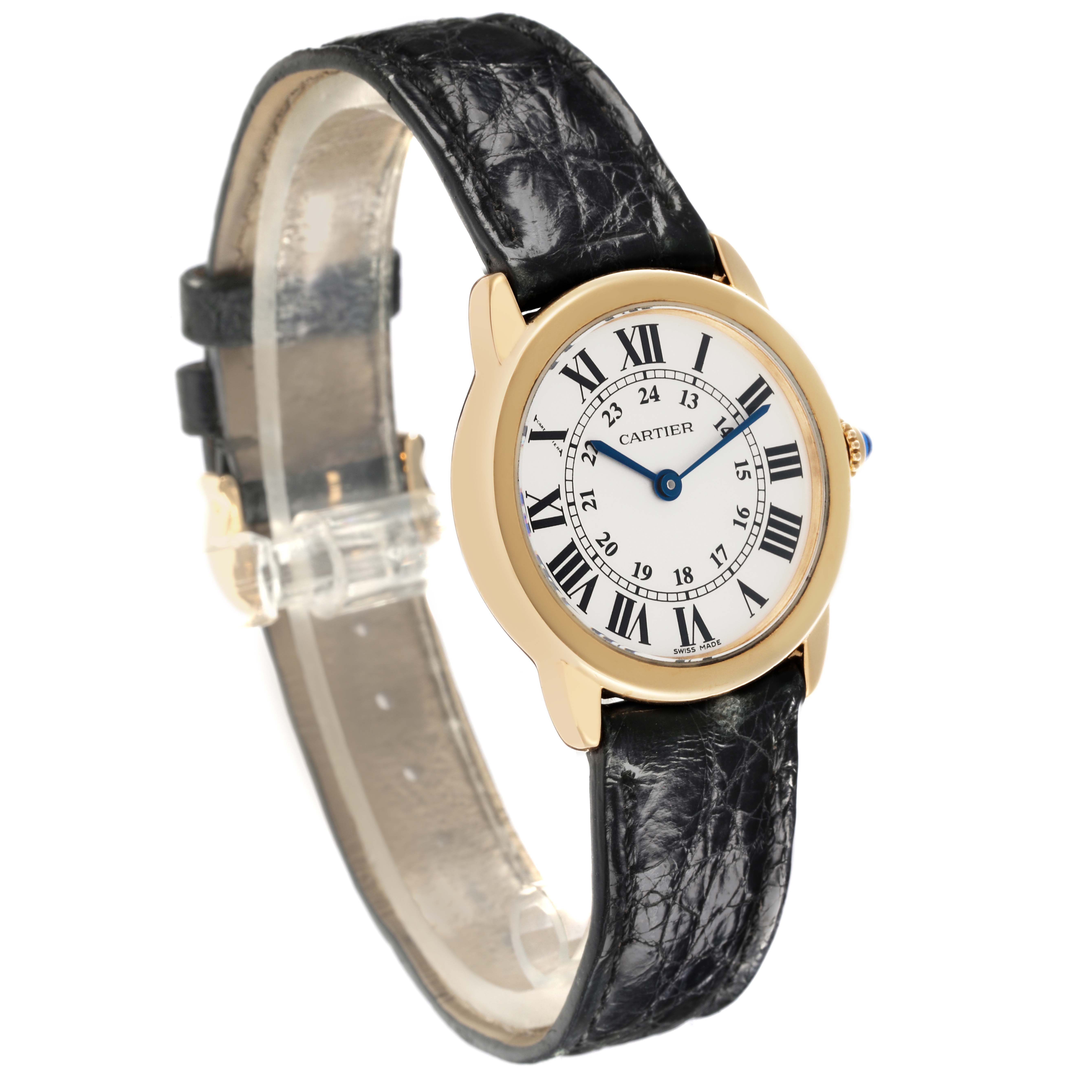 The Cartier Ronde W6700355 Women's Steel and Gold (two tone) Silver Dial W6700355 Women's Steel and Gold (two tone) Silver Dial watch is shown at a slight angled view, displaying the face, bezel, and black leather strap.