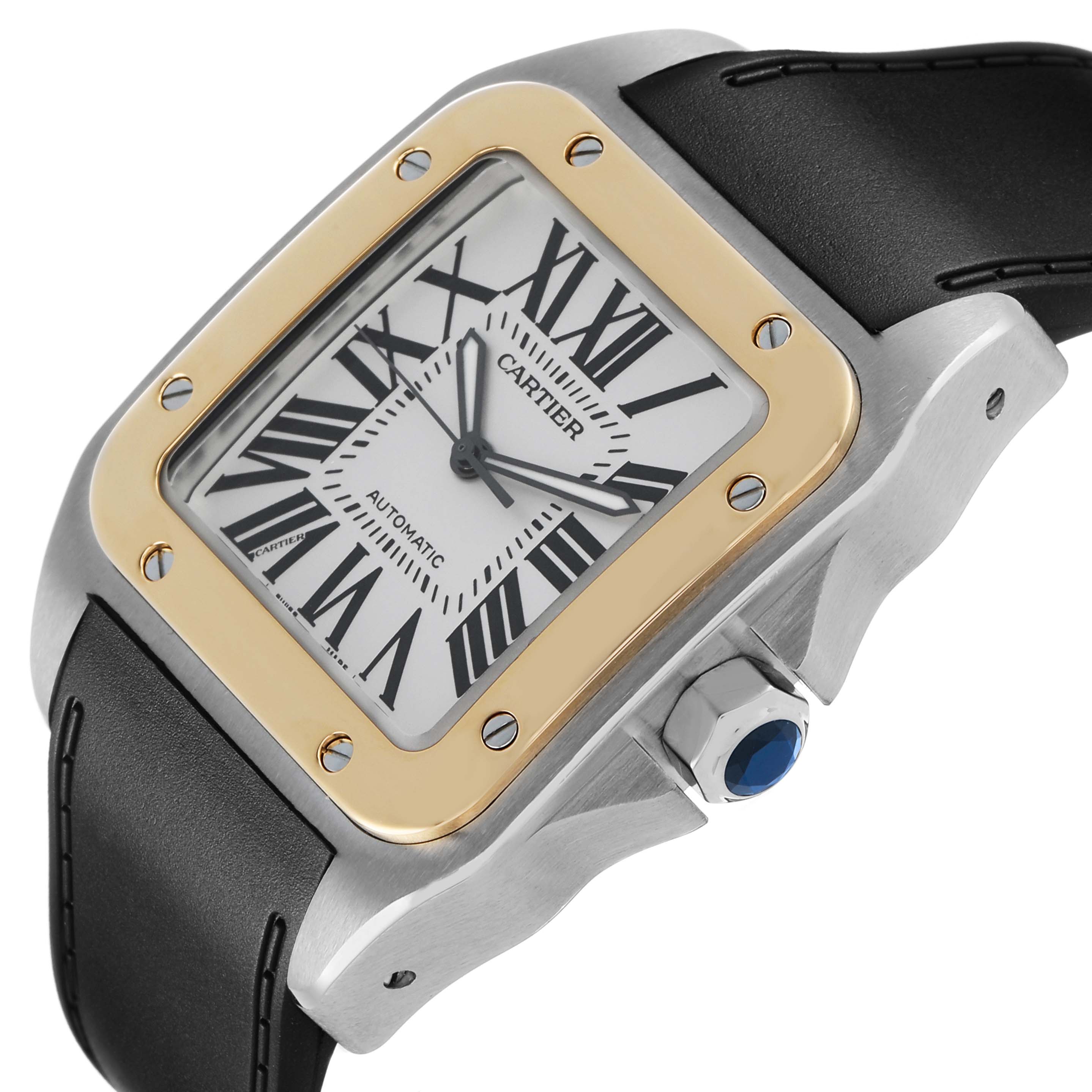 The Cartier Santos W20072X7 Men's Stainless Steel Silver Dial watch is shown at a tilted angle, highlighting its face, bezel, crown, and leather strap.