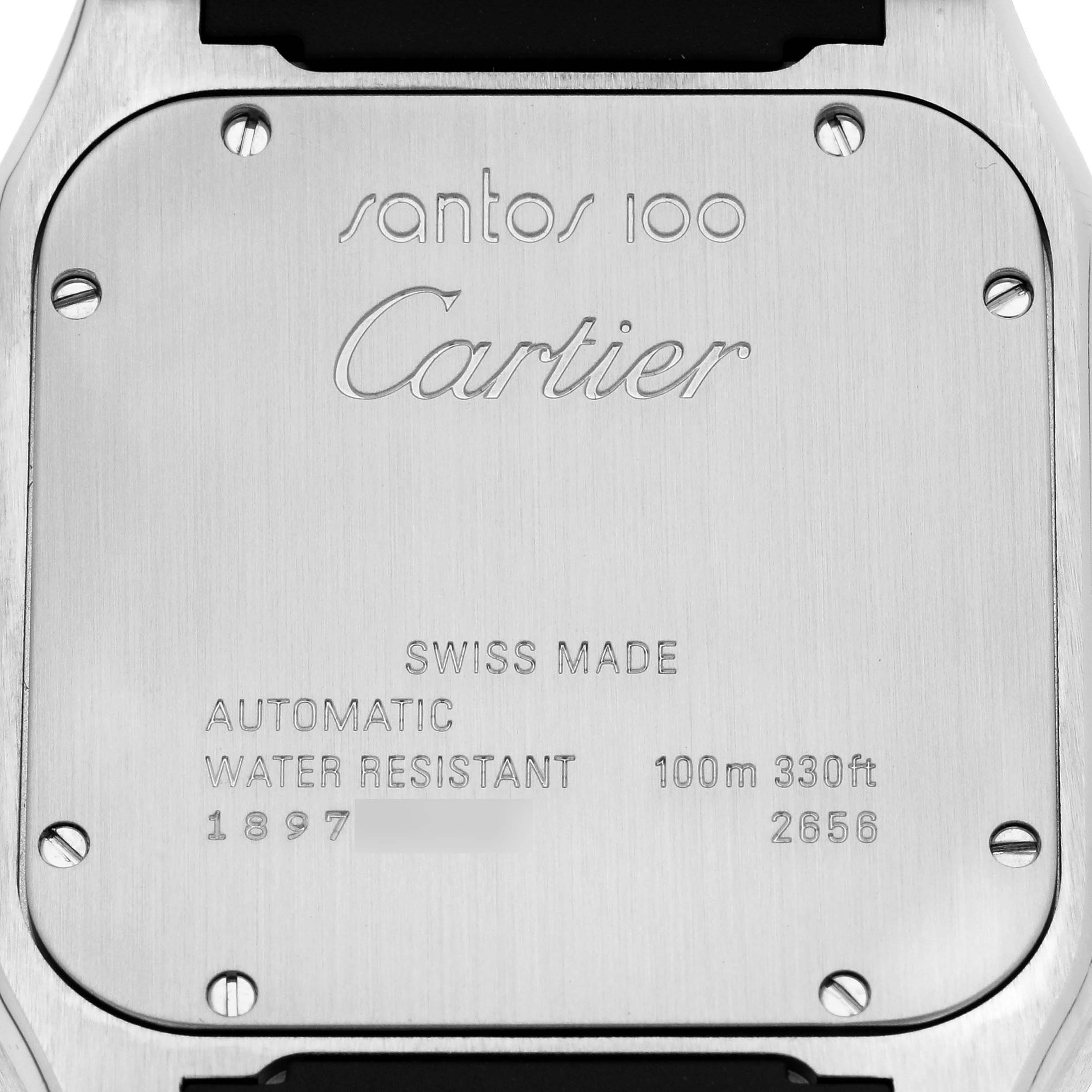 The image shows the back of the Cartier Santos W20072X7 Men's Stainless Steel Silver Dial 100 watch, highlighting the engravings and screws.